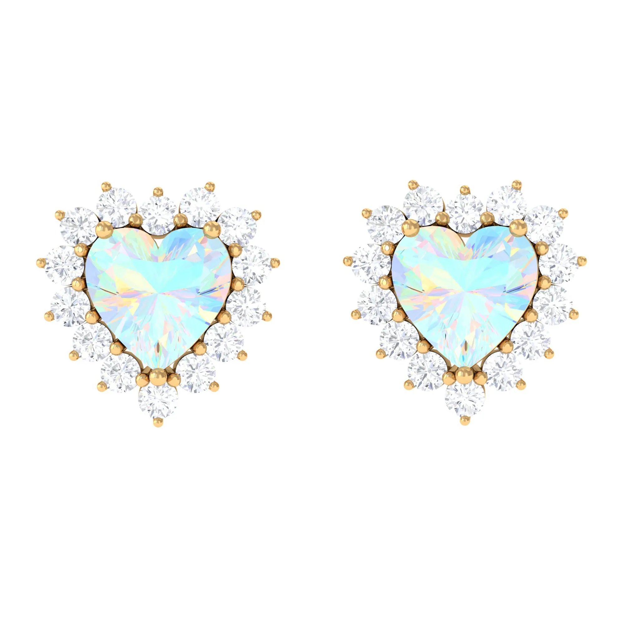 Heart Shape Ethiopian Opal Stud Earrings with Moissanite Halo
