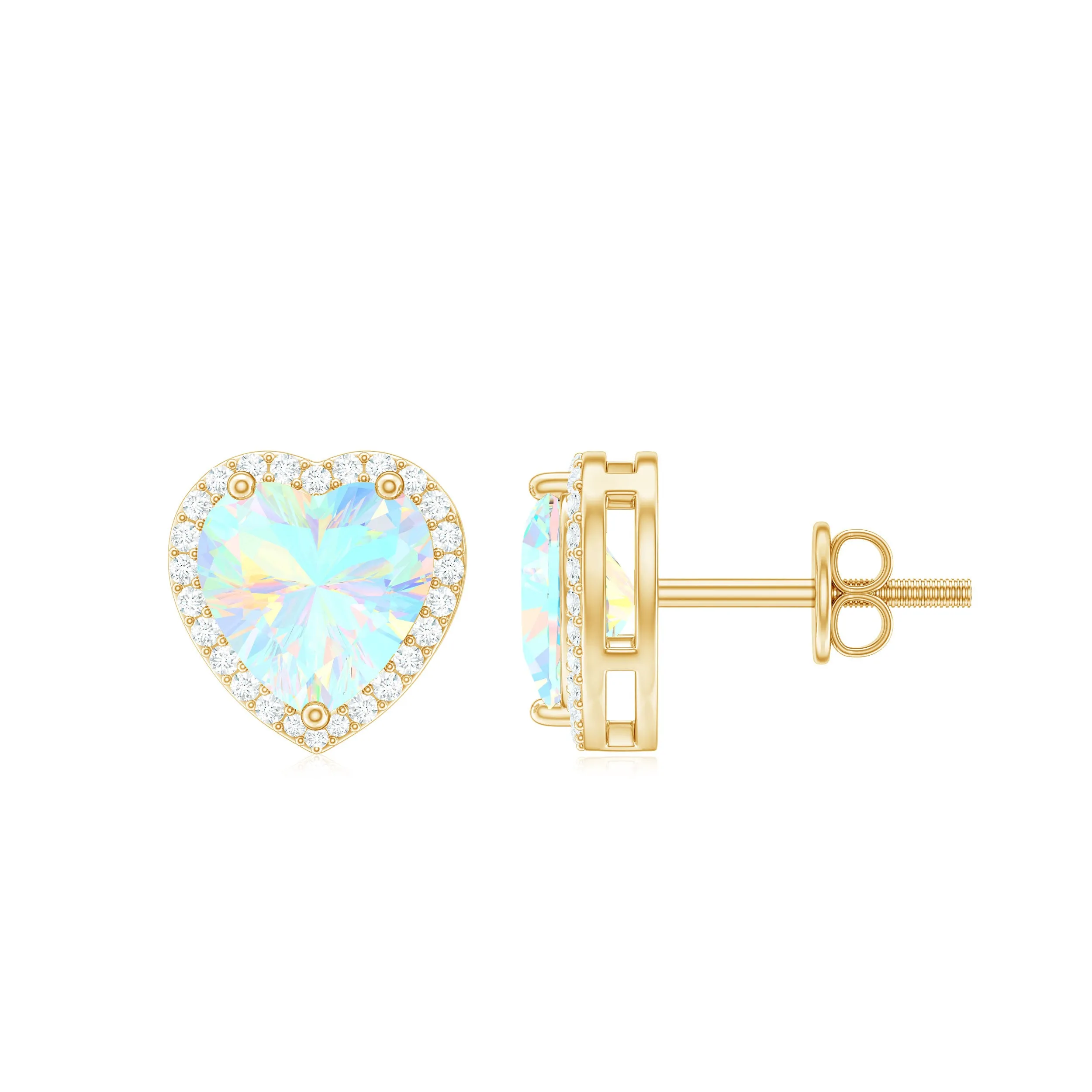 Heart Shaped Ethiopian Opal Stud Earrings with Moissanite Halo