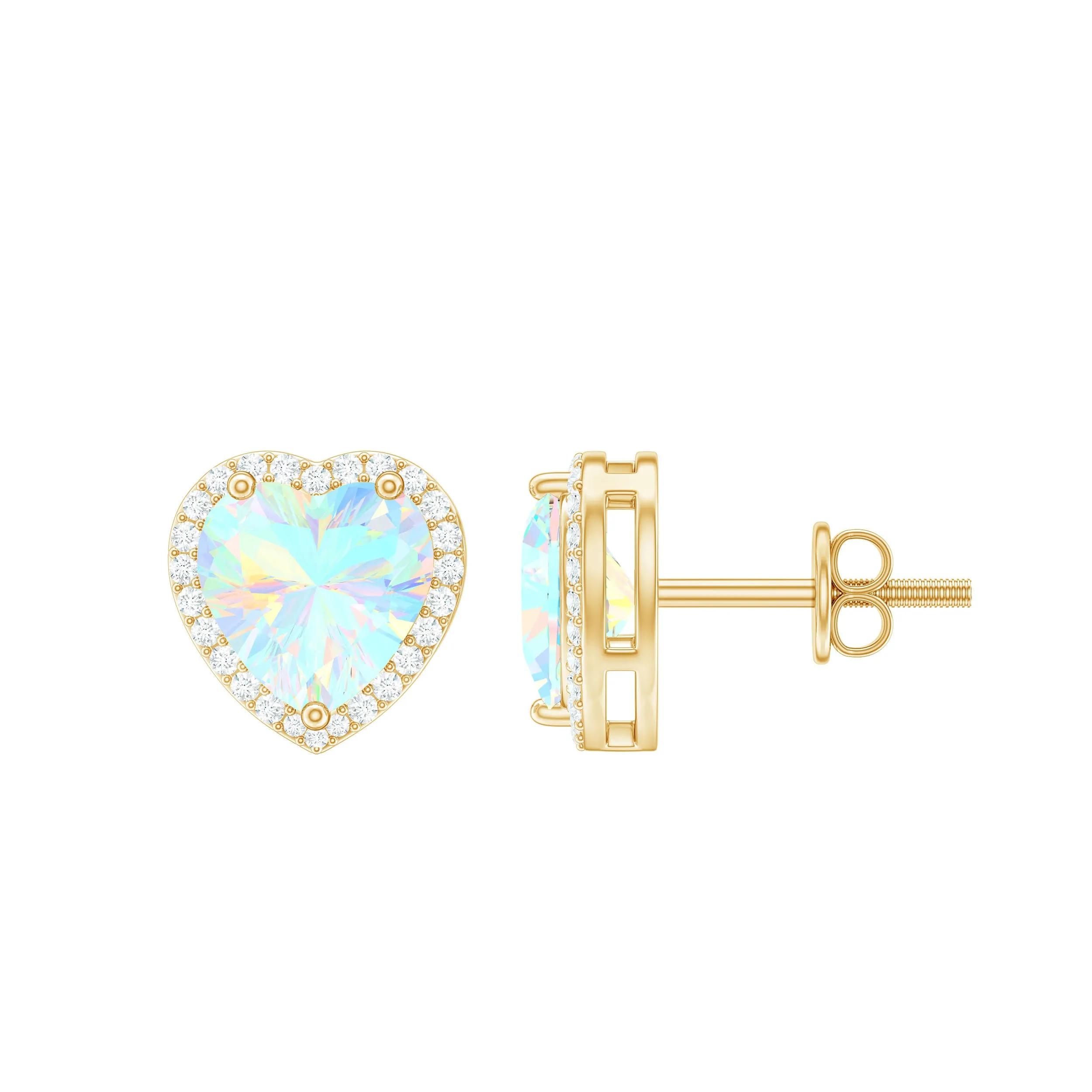 Heart Shaped Ethiopian Opal Stud Earrings with Moissanite Halo