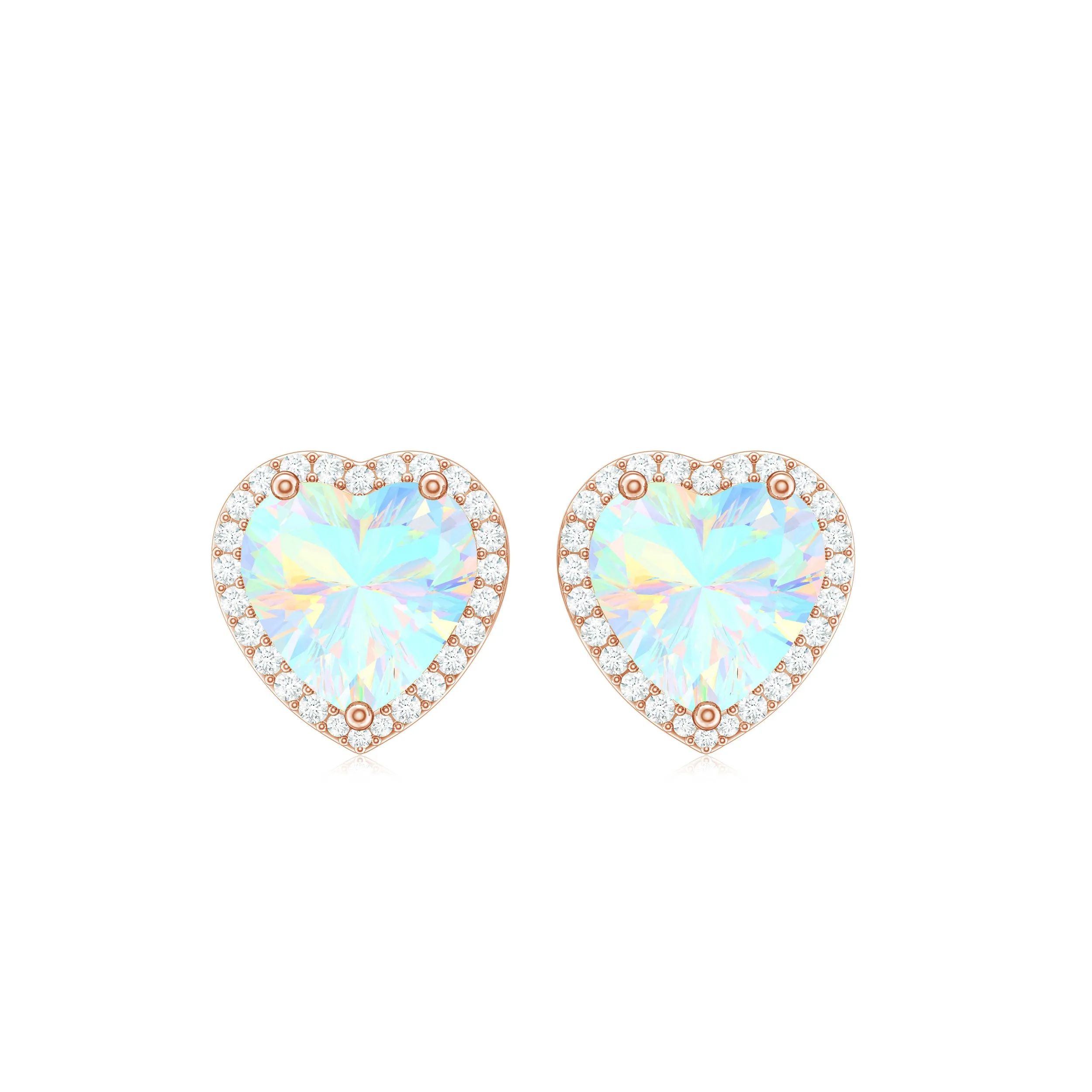 Heart Shaped Ethiopian Opal Stud Earrings with Moissanite Halo