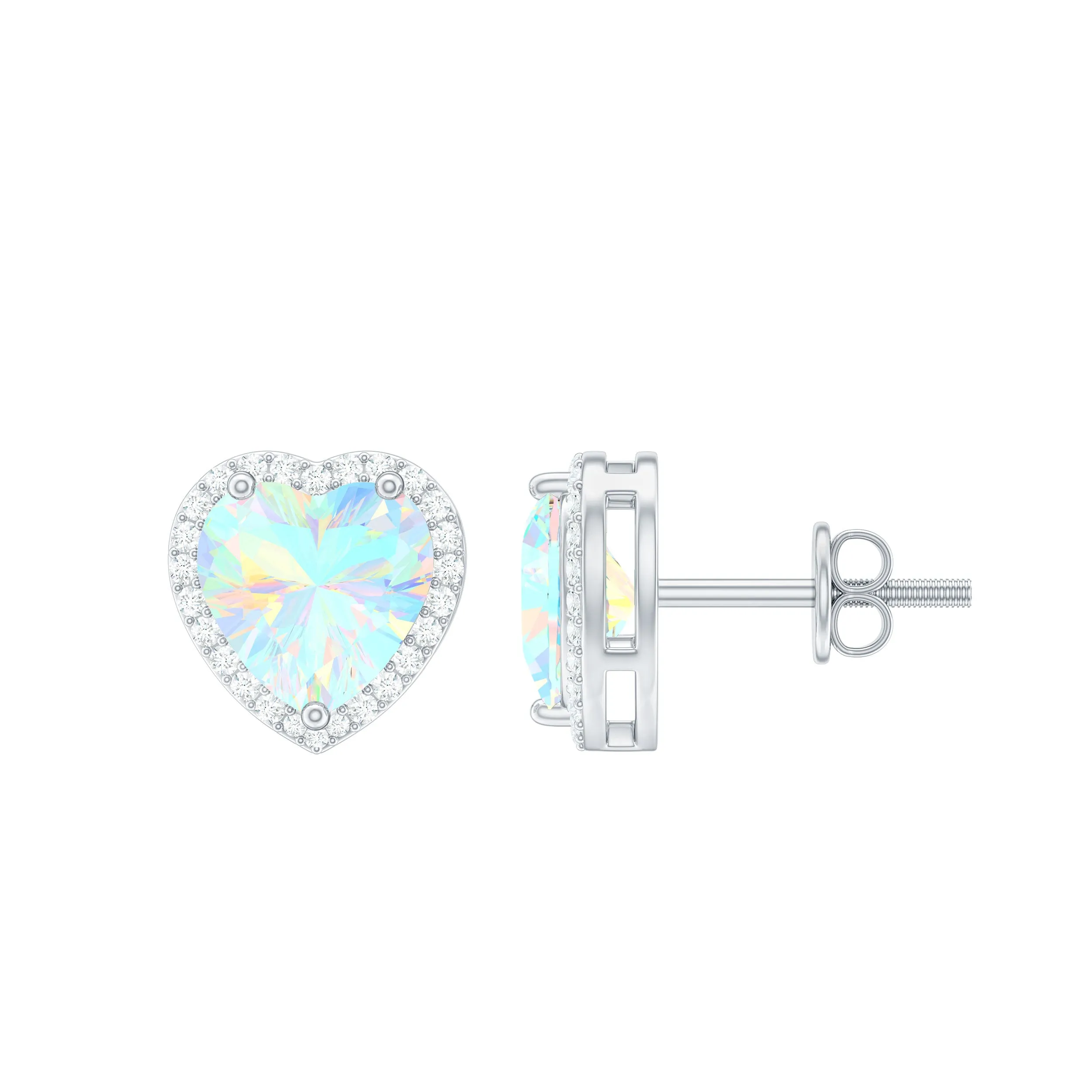 Heart Shaped Ethiopian Opal Stud Earrings with Moissanite Halo
