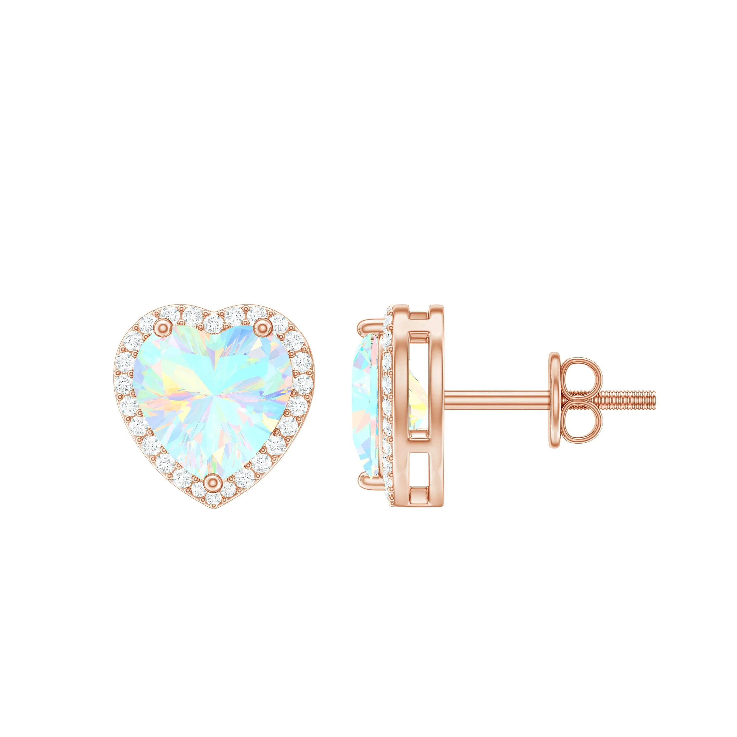 Heart Shaped Ethiopian Opal Stud Earrings with Moissanite Halo
