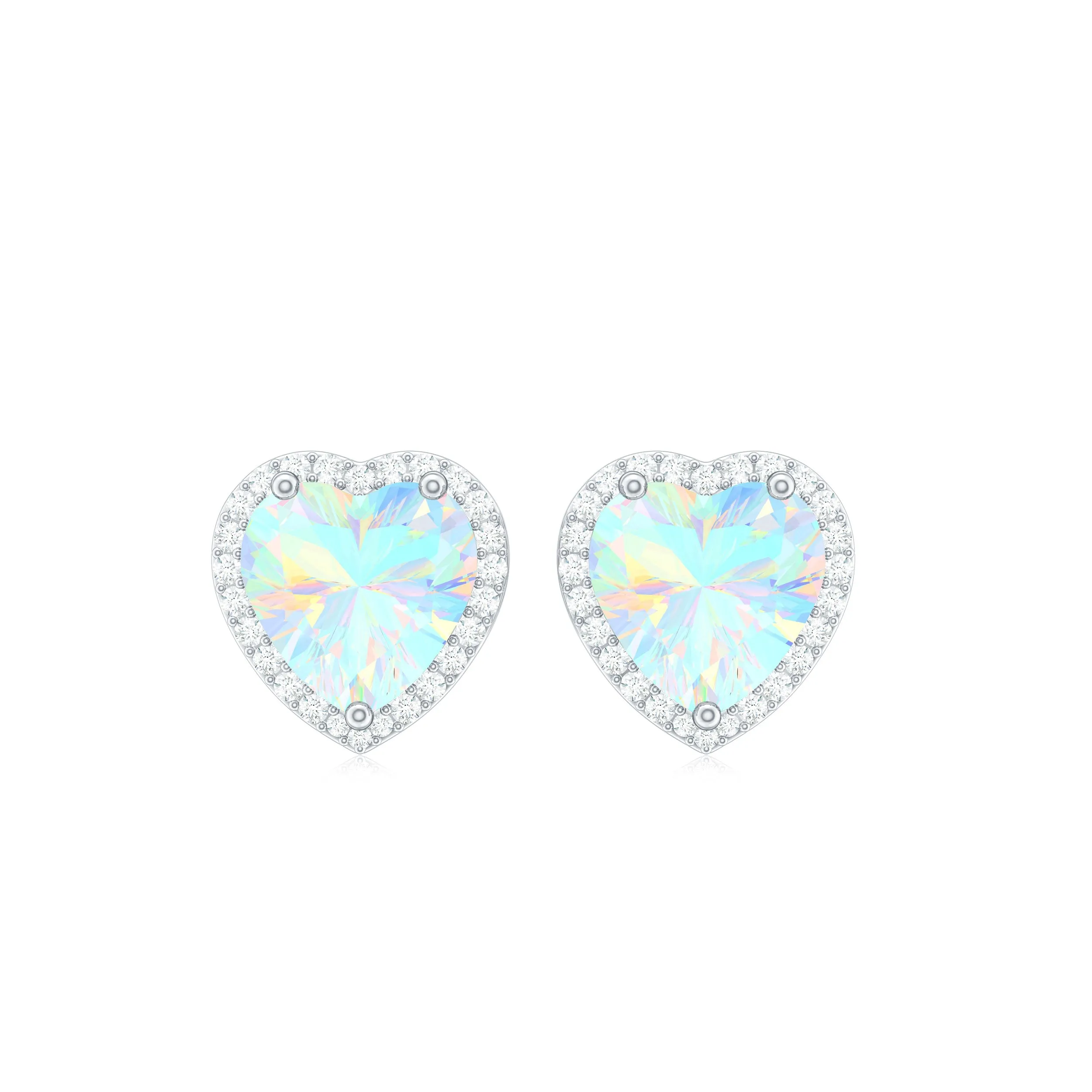 Heart Shaped Ethiopian Opal Stud Earrings with Moissanite Halo