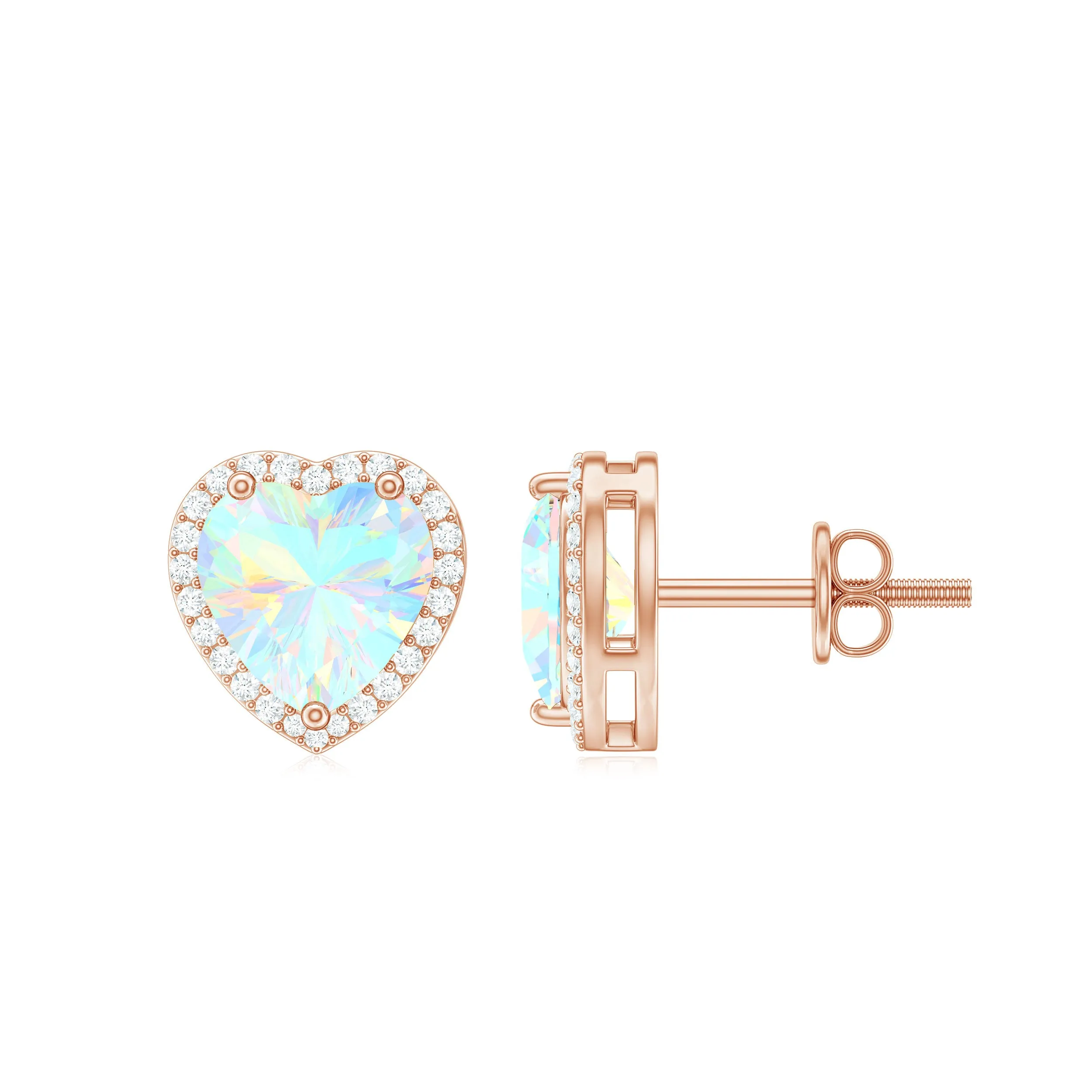 Heart Shaped Ethiopian Opal Stud Earrings with Moissanite Halo
