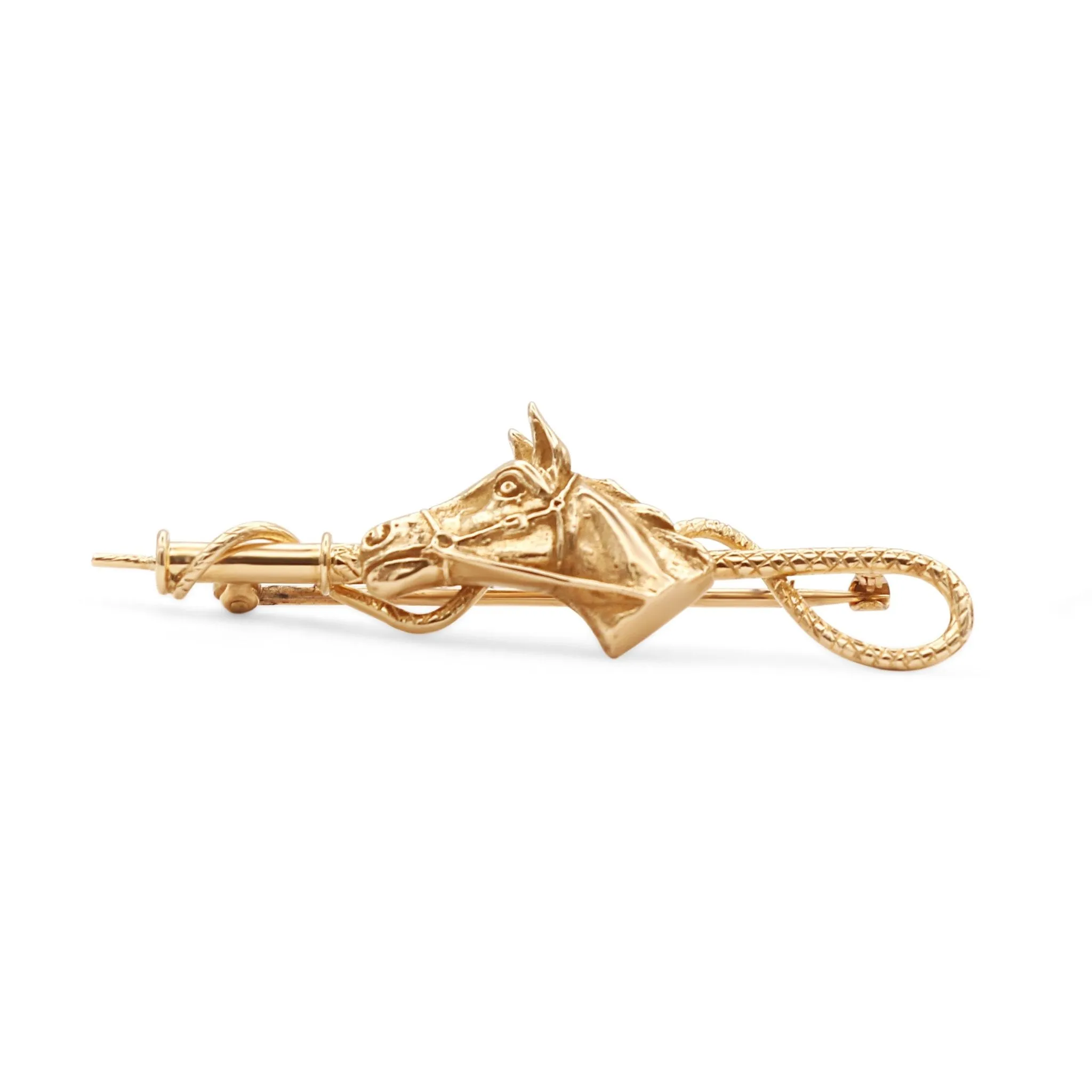 Horse Head & Riding Crop Brooch - 14ct Yellow Gold
