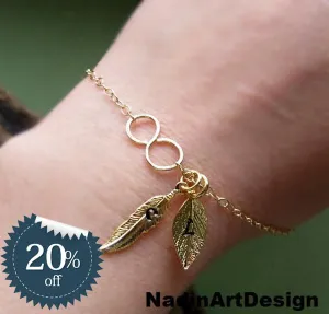 Infinity Bracelet with Personalized Leaf, Feather Charms