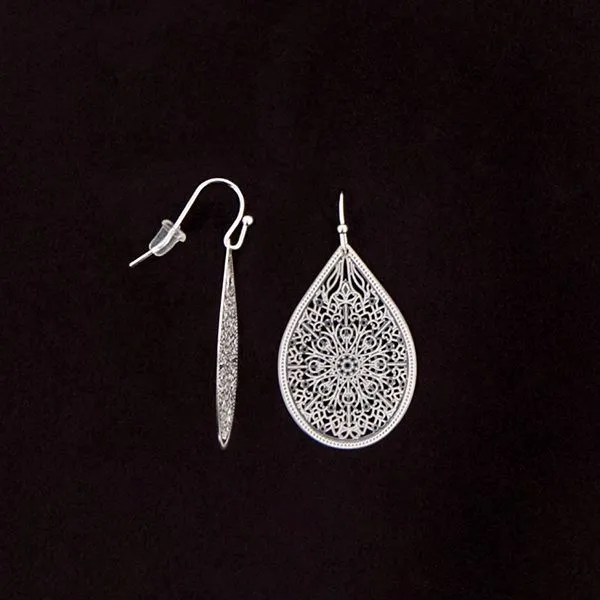 Ladies Silver Filigree Teardrop Drop Earrings
