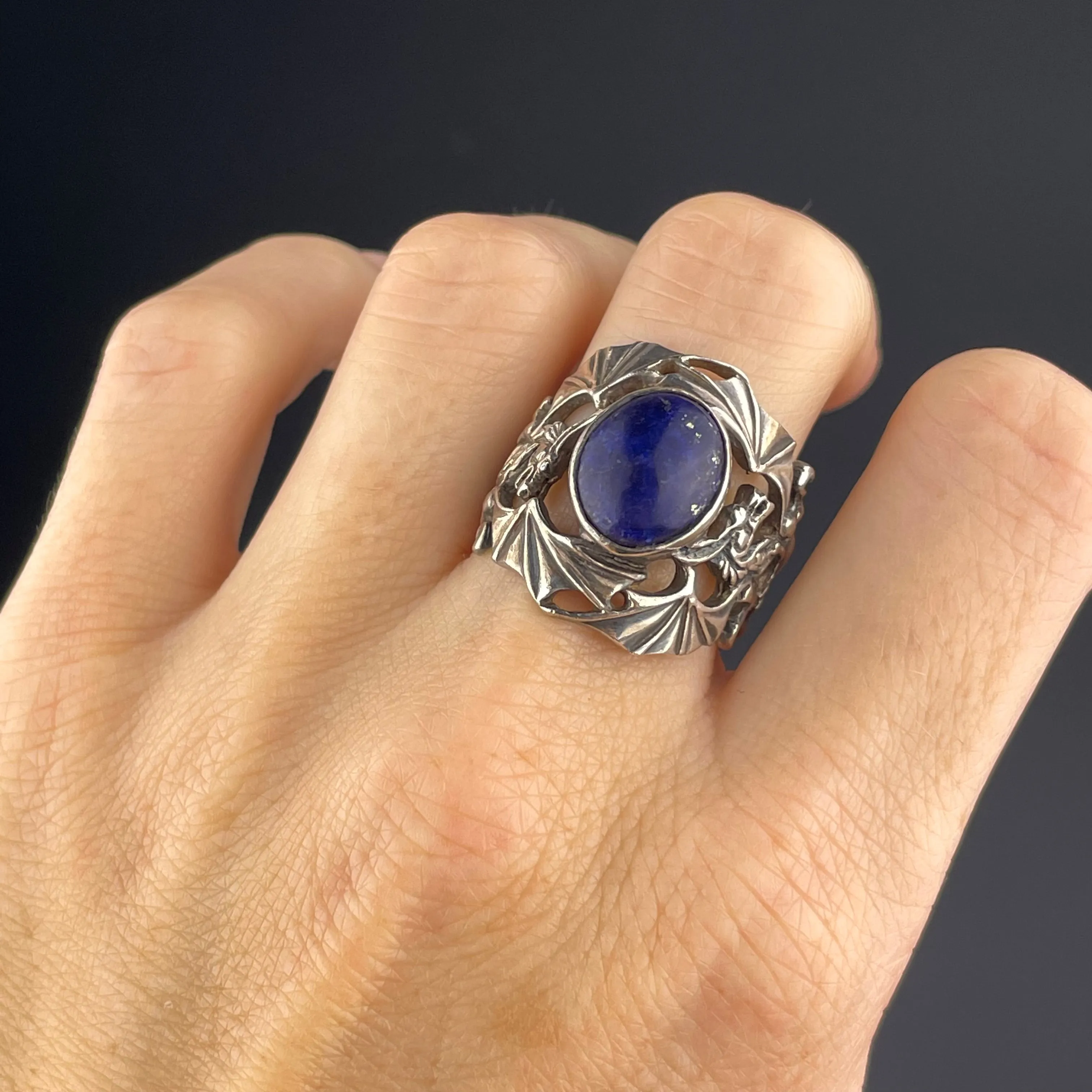 Lapis Lazuli Silver Dragon Statement Ring, Sz 8
