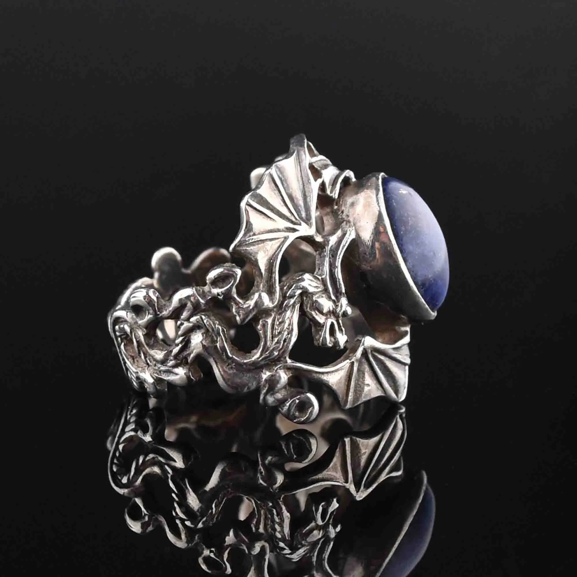 Lapis Lazuli Silver Dragon Statement Ring, Sz 8