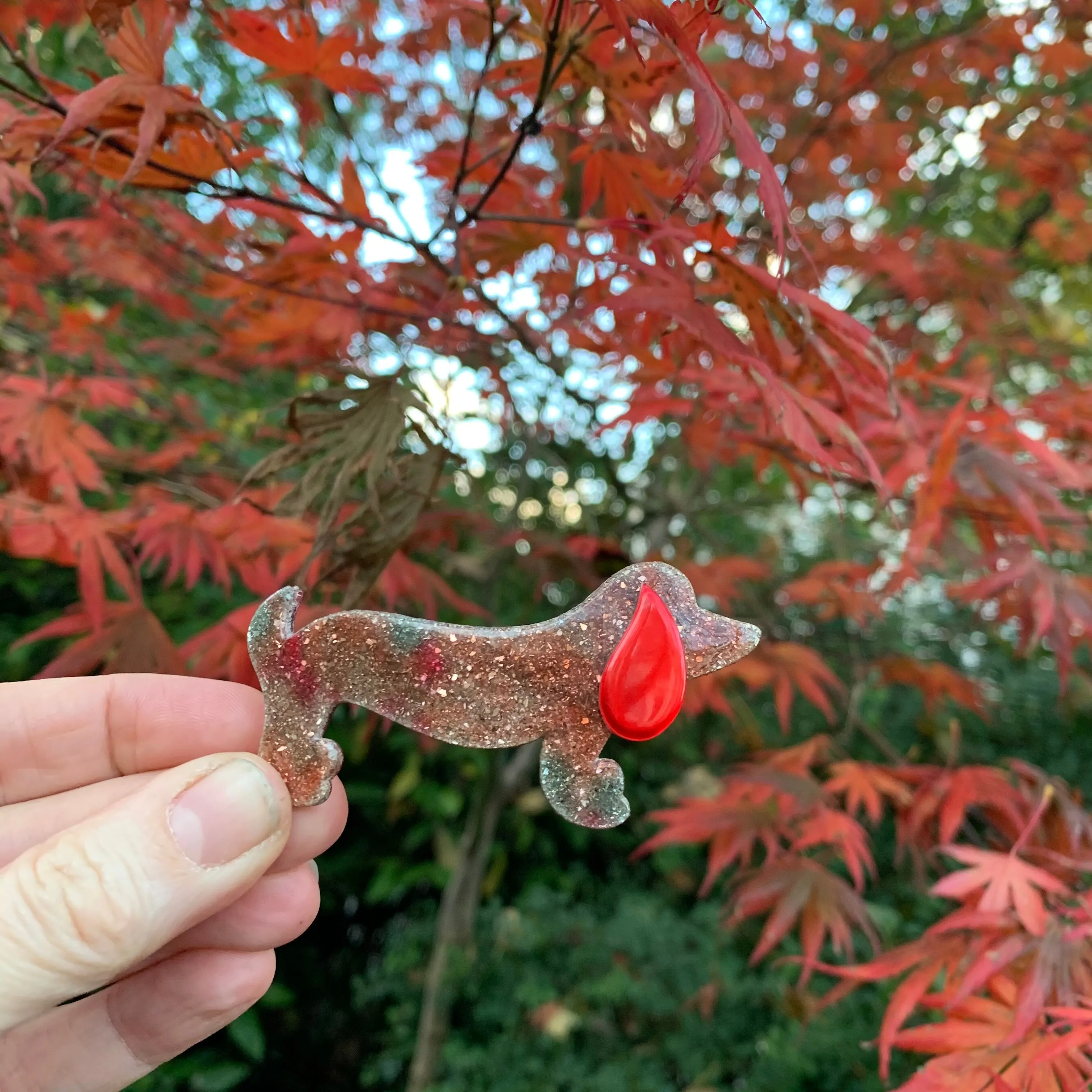 Lea Stein Choupette Colourful Red Glitter  Dachschund Brooch