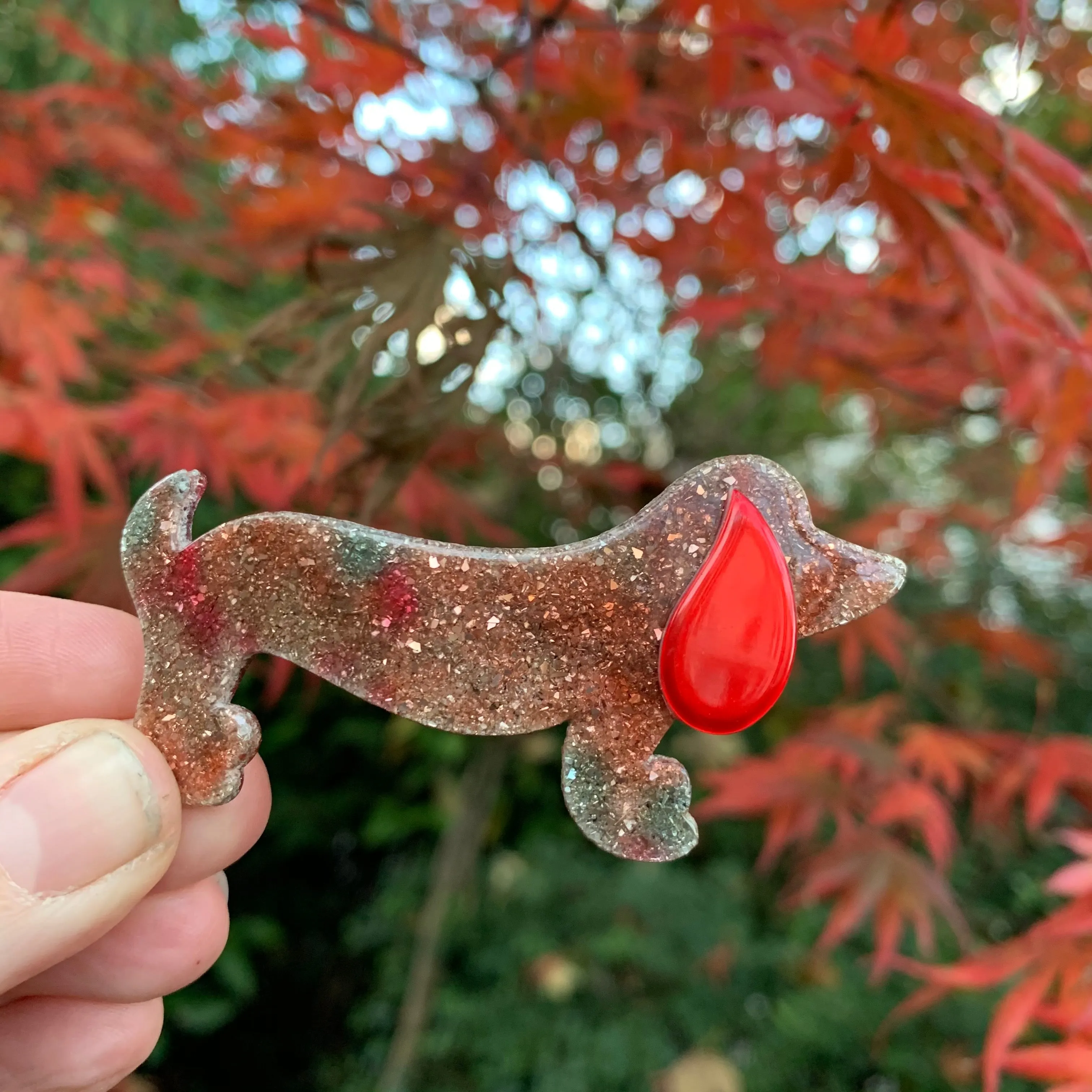Lea Stein Choupette Colourful Red Glitter  Dachschund Brooch