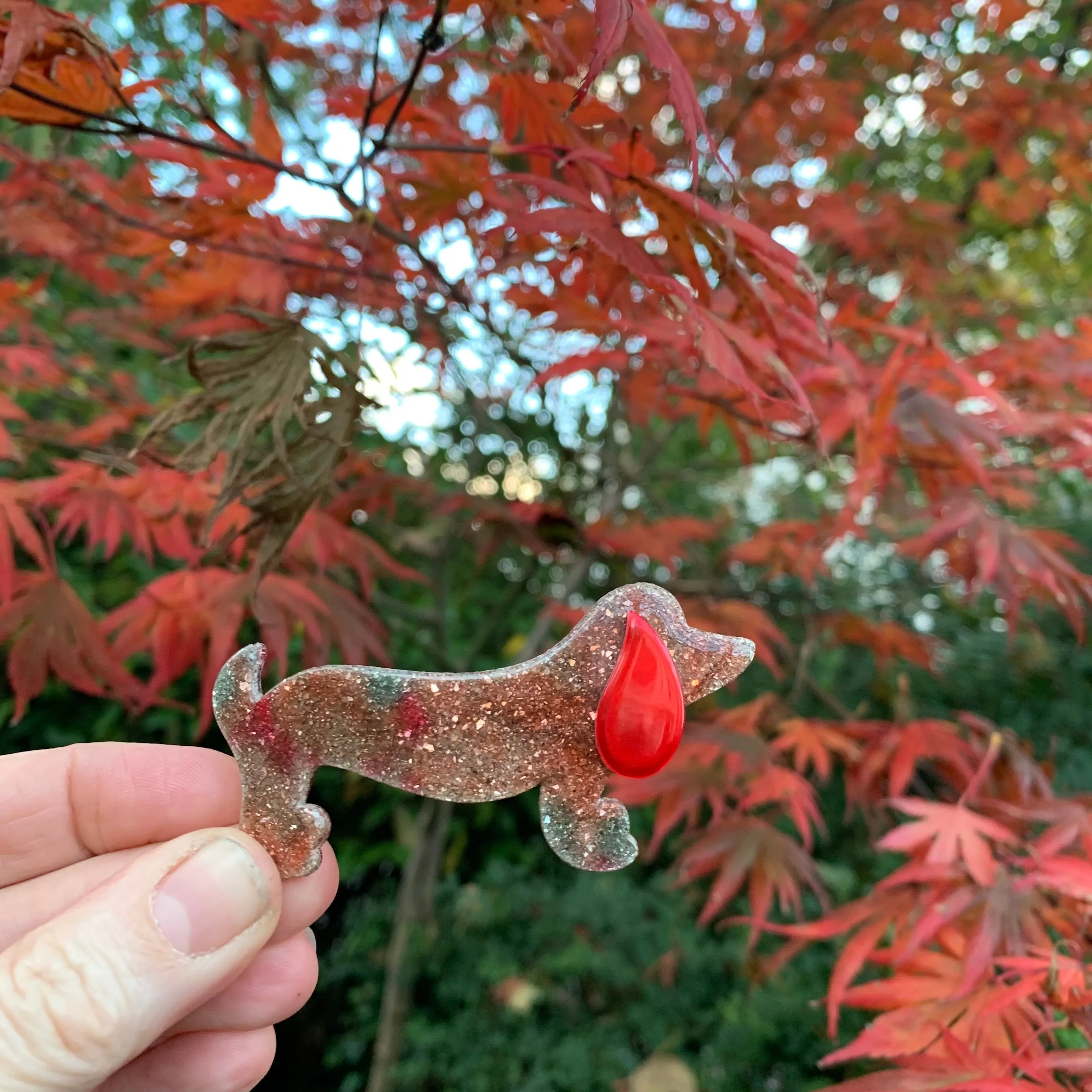Lea Stein Choupette Colourful Red Glitter  Dachschund Brooch