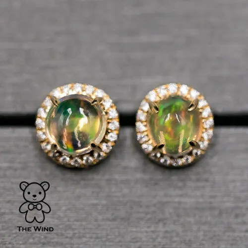 Mexican Fire Opal Halo Diamond Stud Earrings 18K Yellow Gold