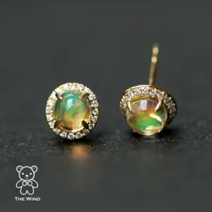 Mexican Fire Opal Halo Diamond Stud Earrings 18K Yellow Gold