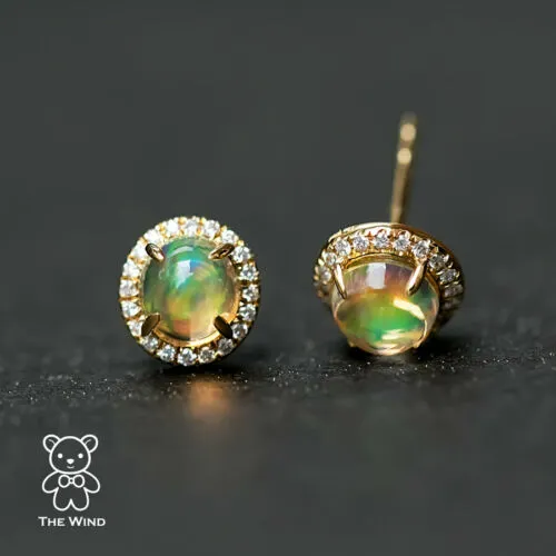 Mexican Fire Opal Halo Diamond Stud Earrings 18K Yellow Gold