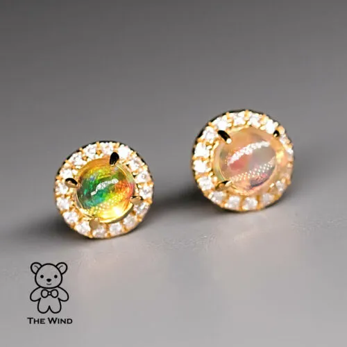 Mexican Fire Opal Halo Diamond Stud Earrings 18K Yellow Gold