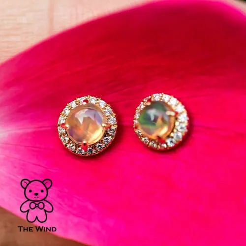 Mexican Fire Opal Halo Diamond Stud Earrings 18K Yellow Gold