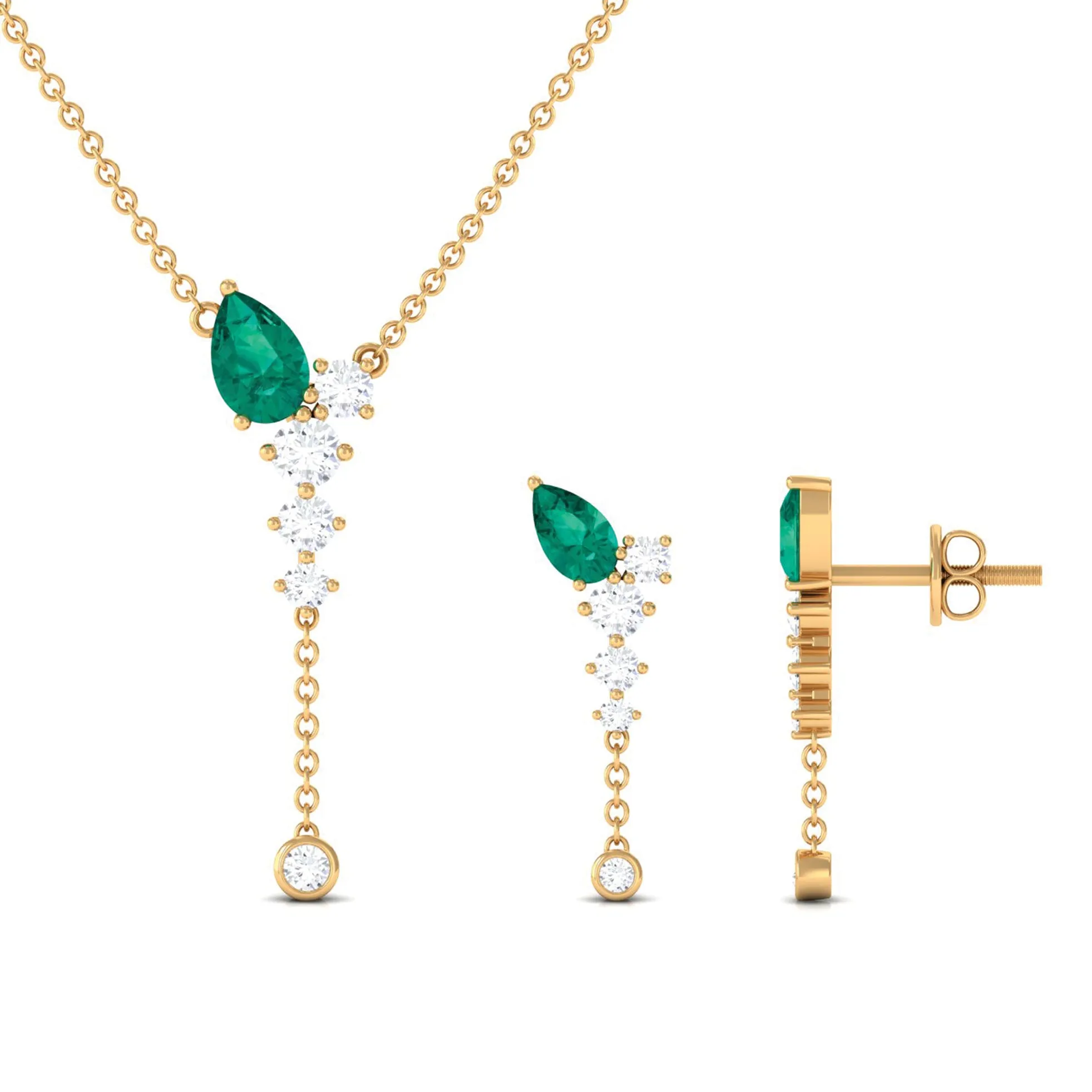 Minimal Emerald Dangle Necklace and Earrings Set with Diamond