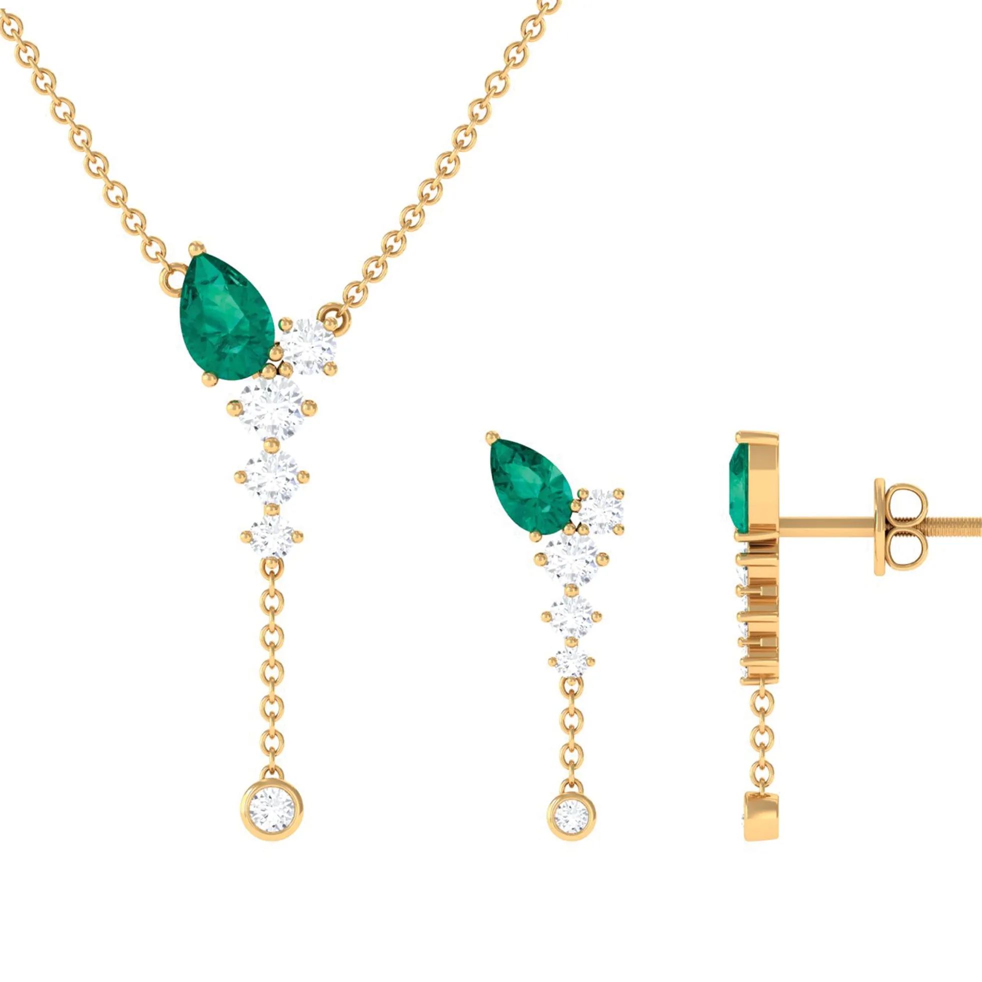 Minimal Emerald Dangle Necklace and Earrings Set with Diamond