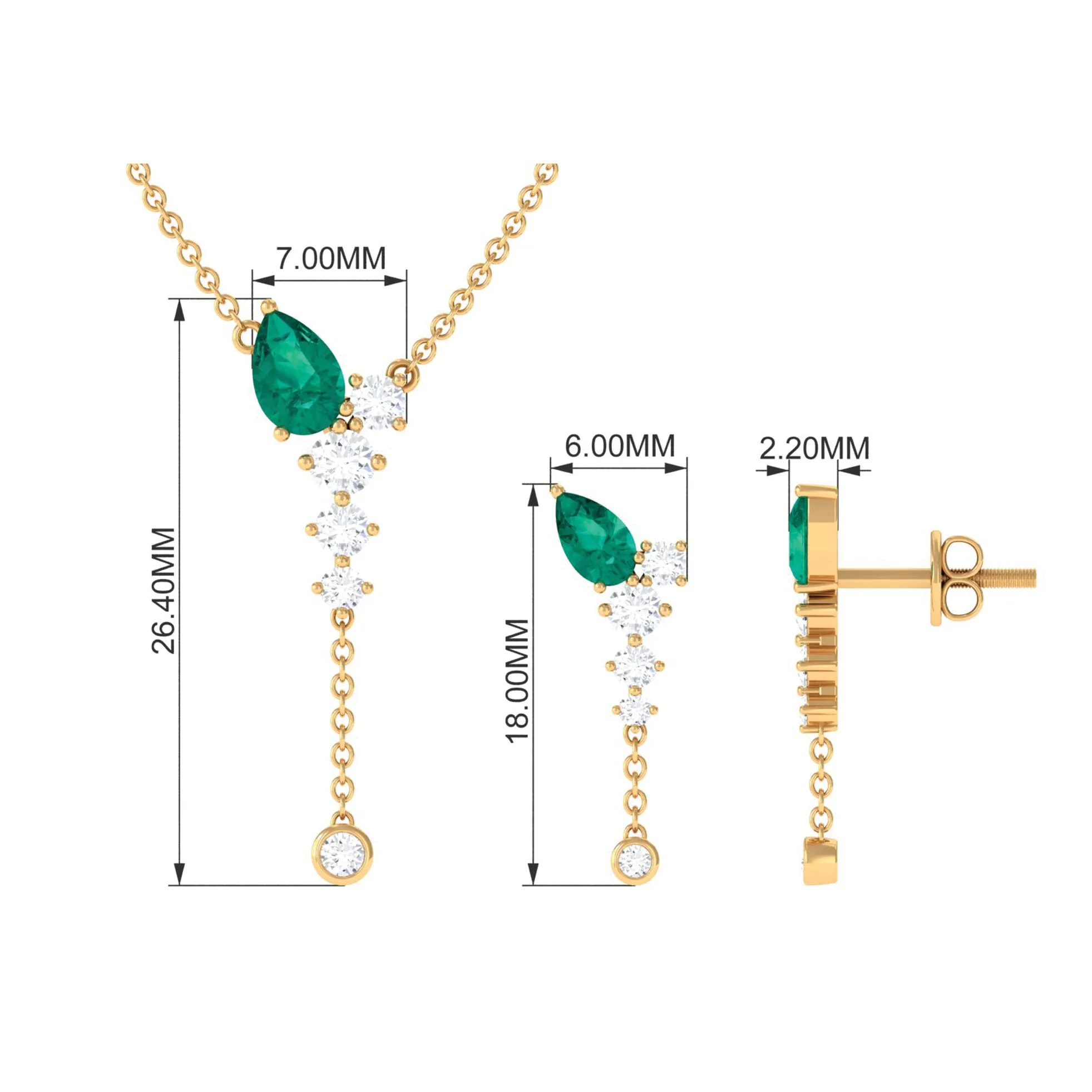 Minimal Emerald Dangle Necklace and Earrings Set with Diamond