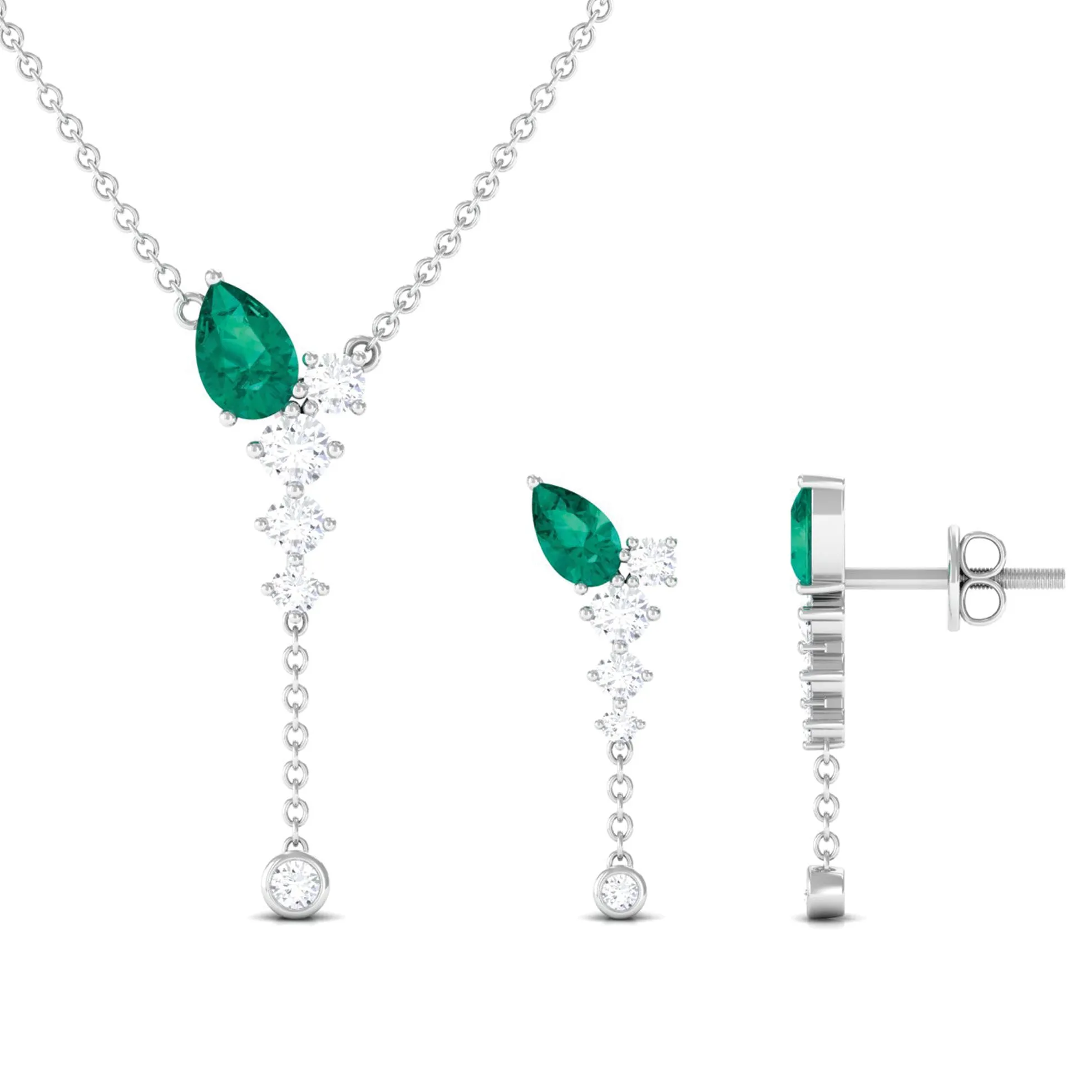 Minimal Emerald Dangle Necklace and Earrings Set with Diamond