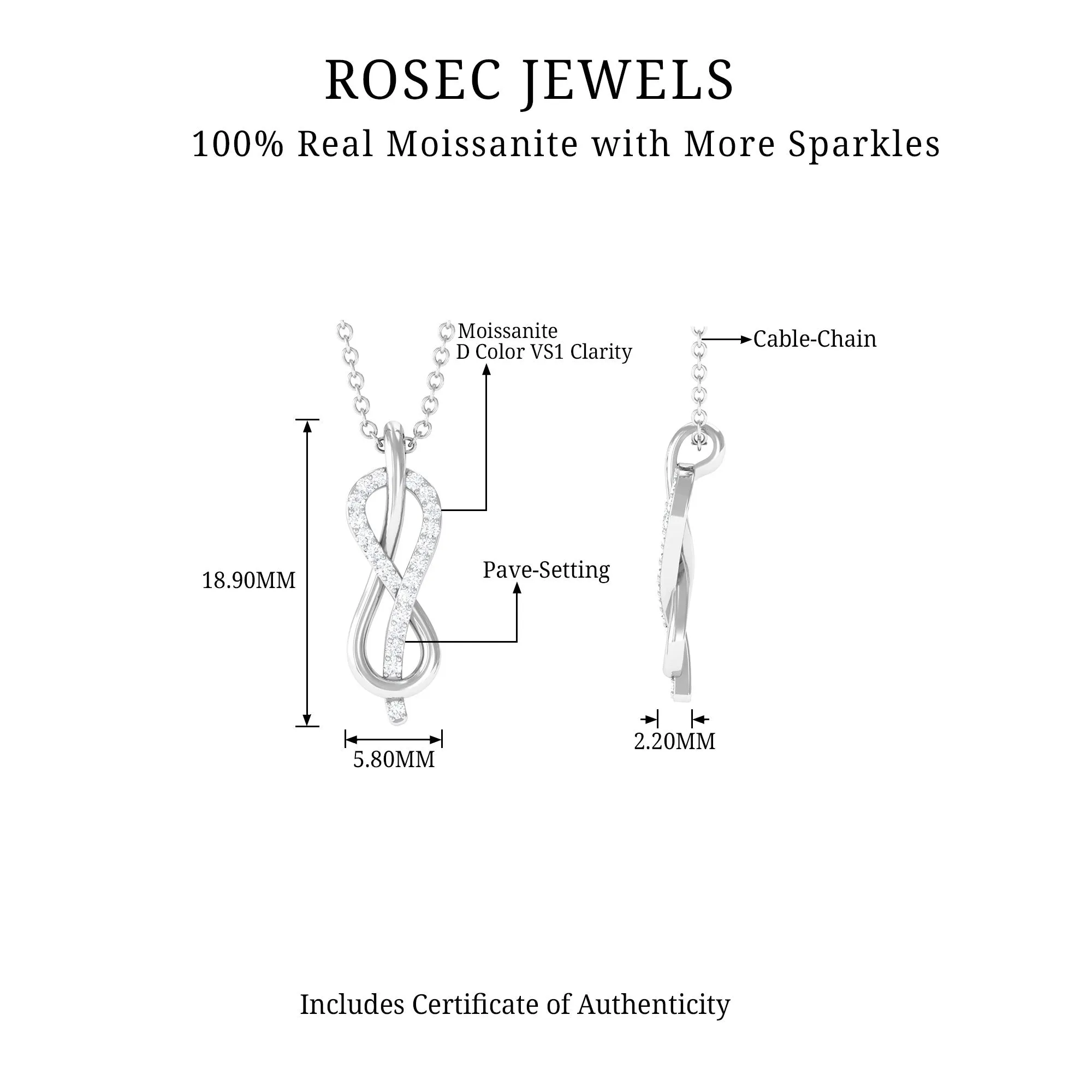 Minimal Moissanite Infinity Knot Style Pendant Necklace