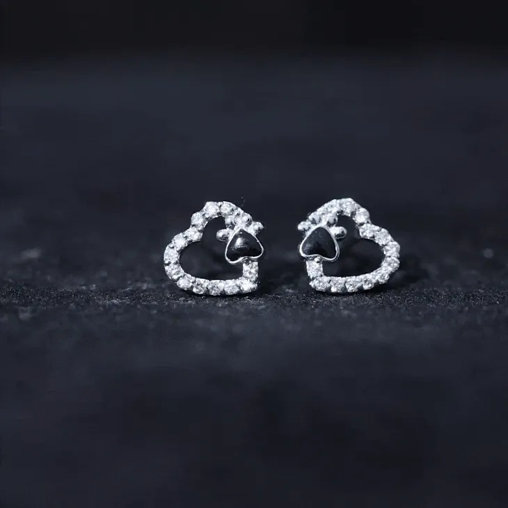 Moissanite Heart and Paw Stud Earrings with Enamel