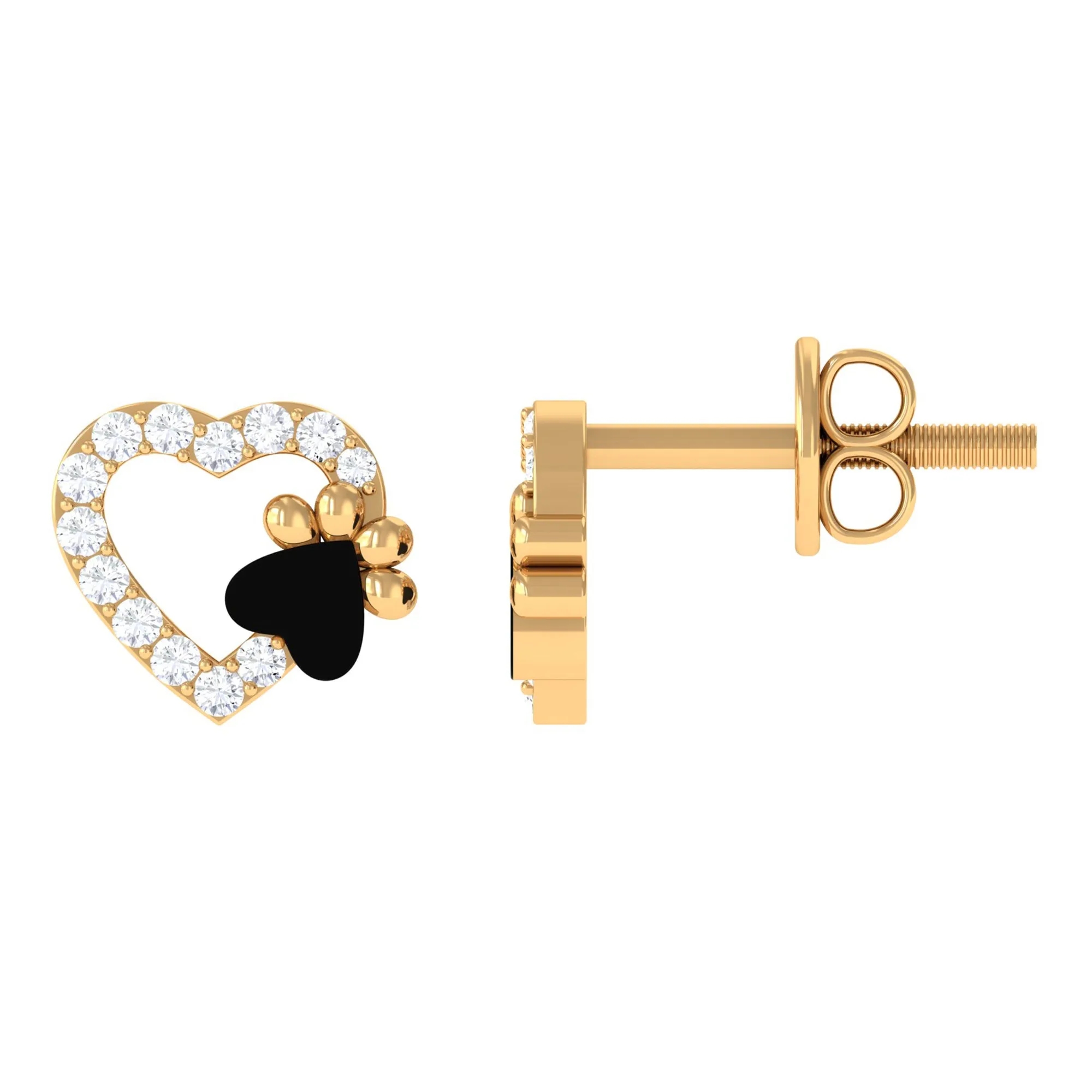 Moissanite Heart and Paw Stud Earrings with Enamel