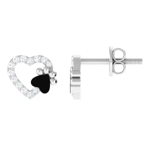 Moissanite Heart and Paw Stud Earrings with Enamel