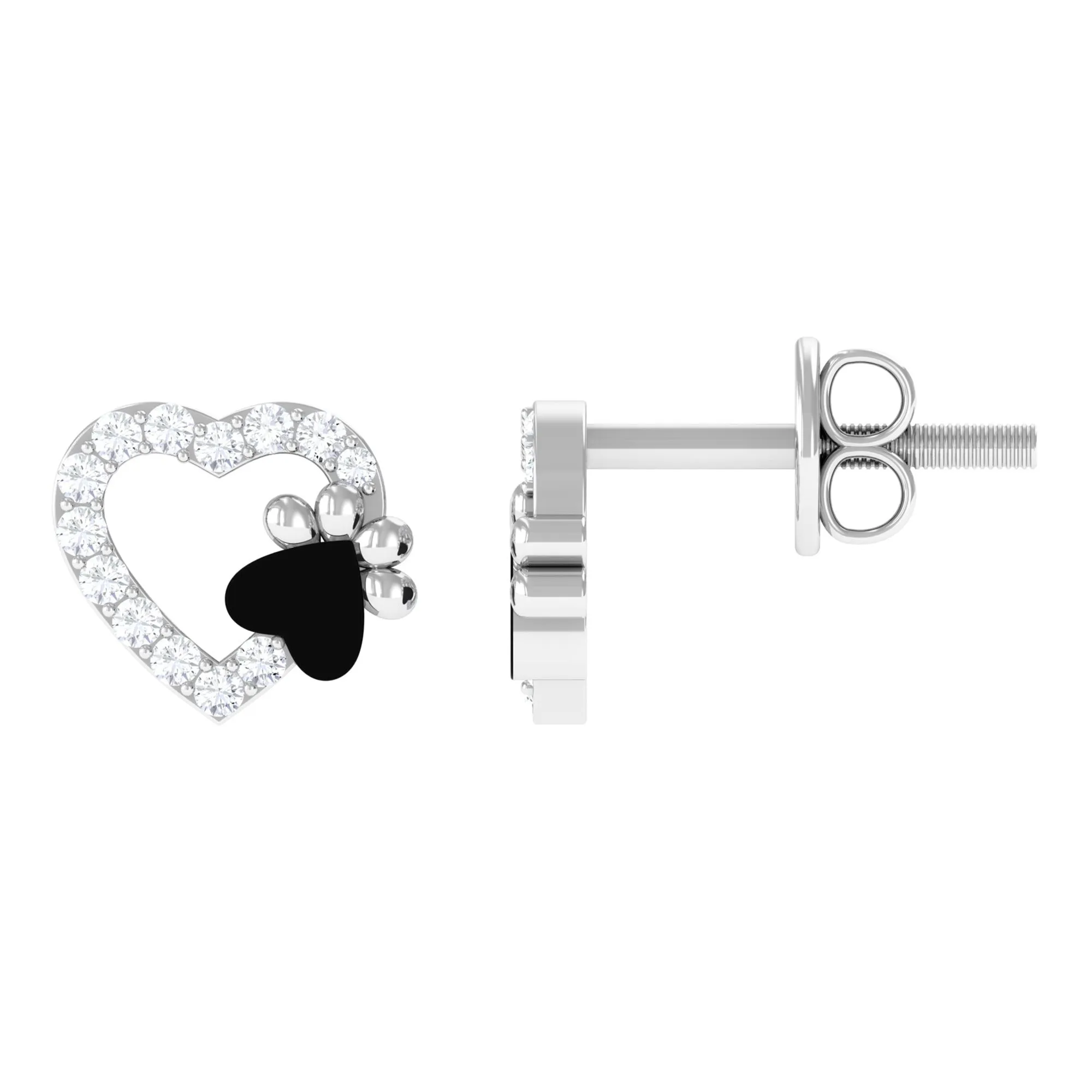 Moissanite Heart and Paw Stud Earrings with Enamel