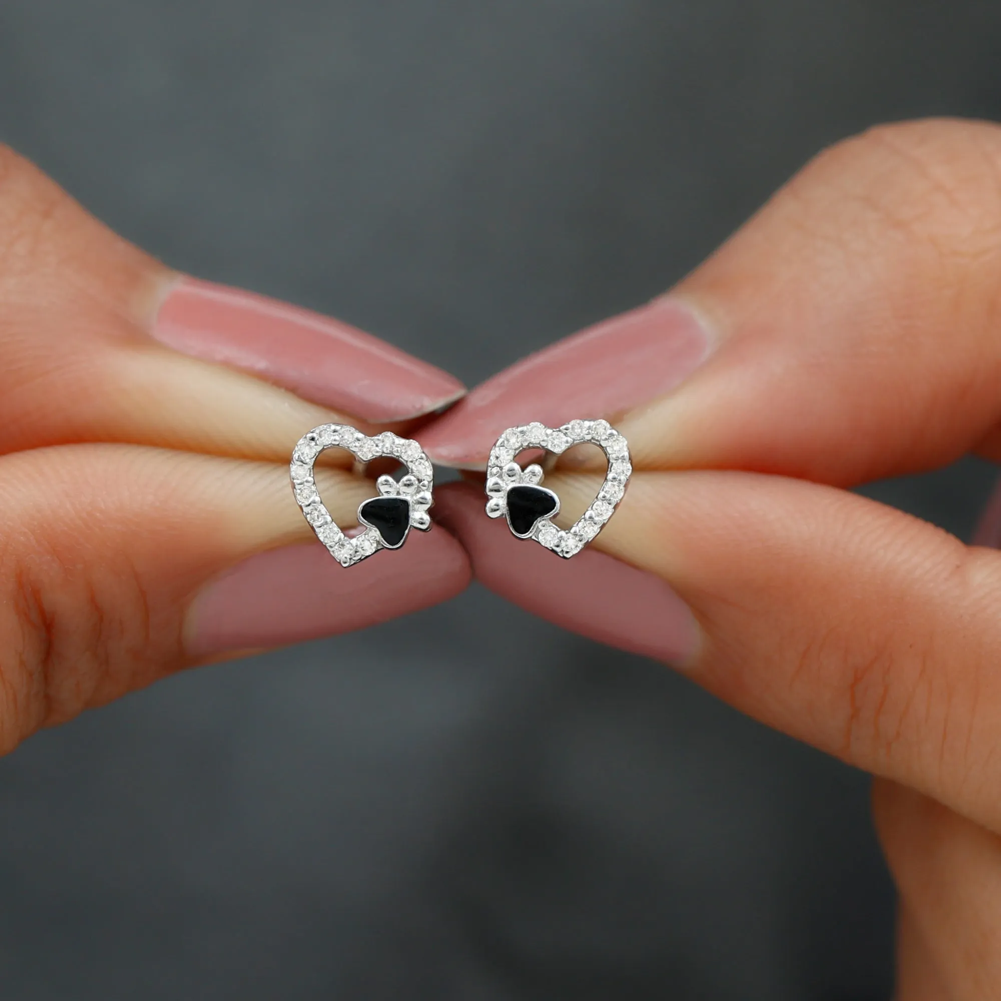 Moissanite Heart and Paw Stud Earrings with Enamel