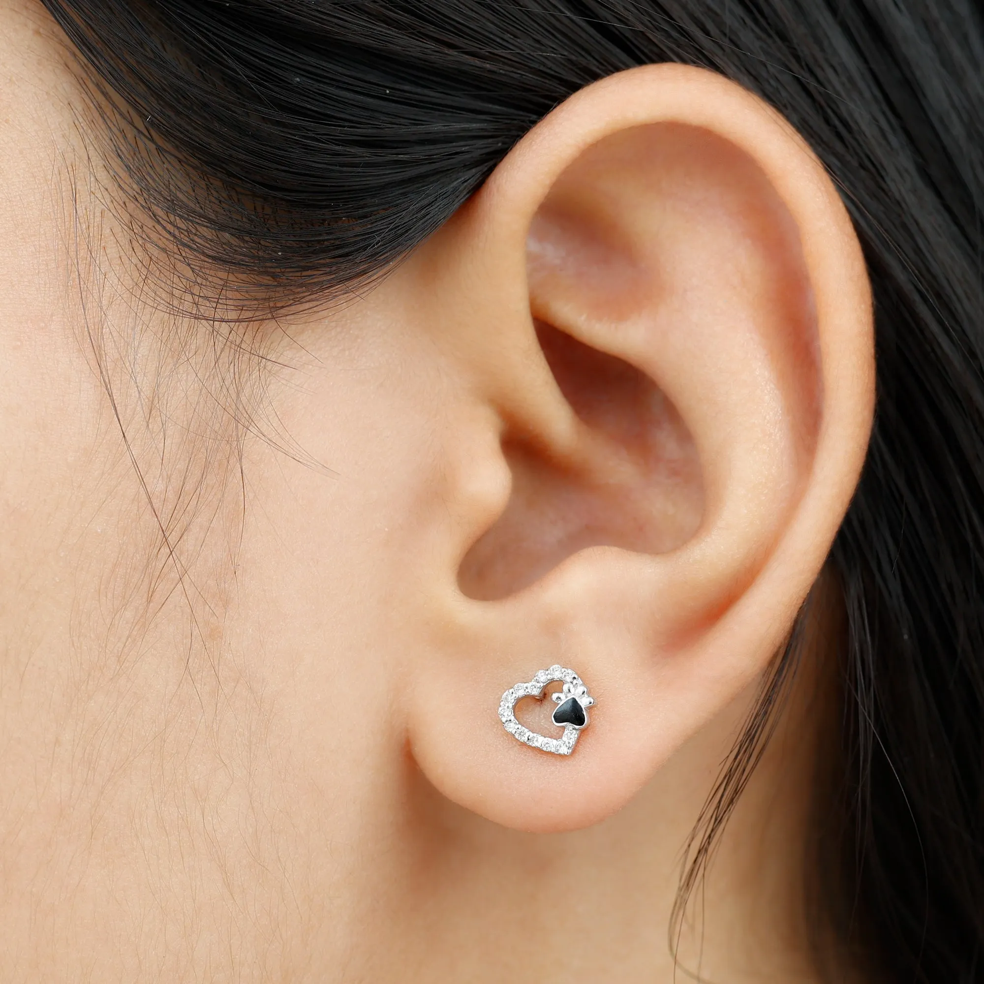 Moissanite Heart and Paw Stud Earrings with Enamel