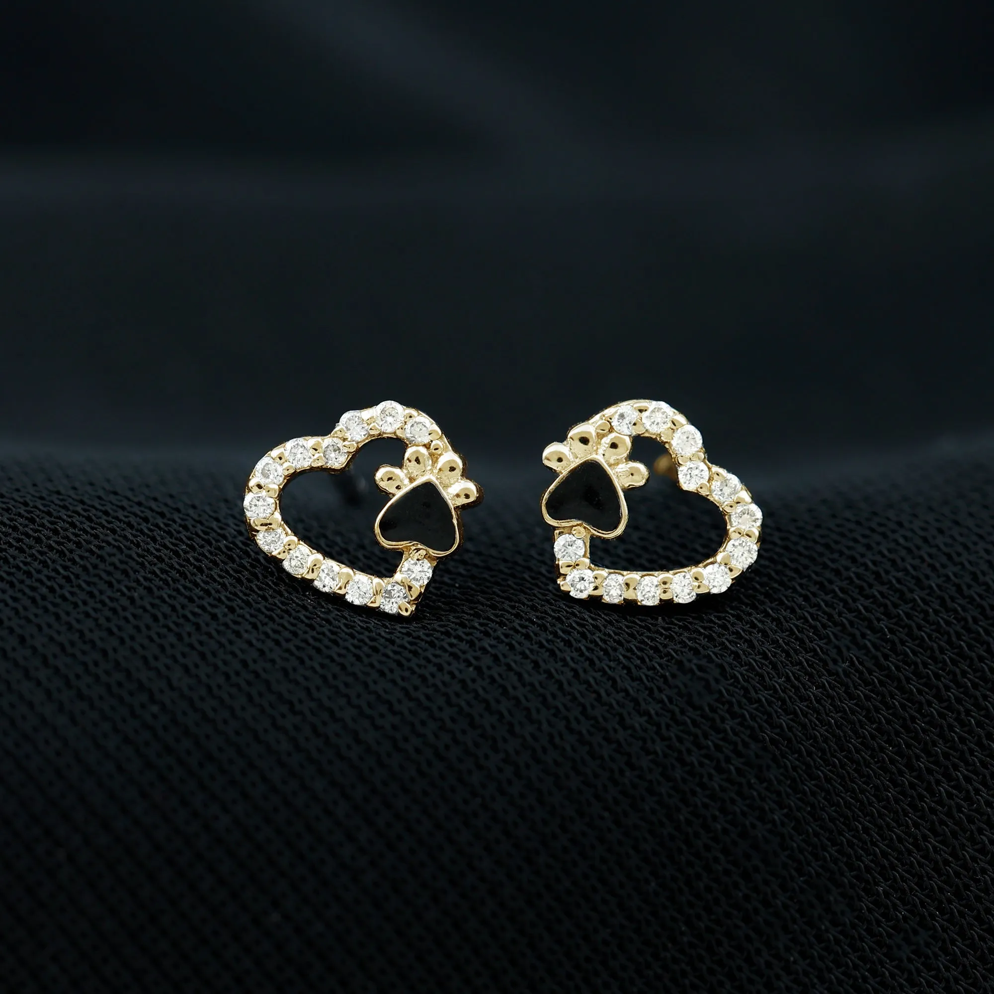 Moissanite Heart and Paw Stud Earrings with Enamel
