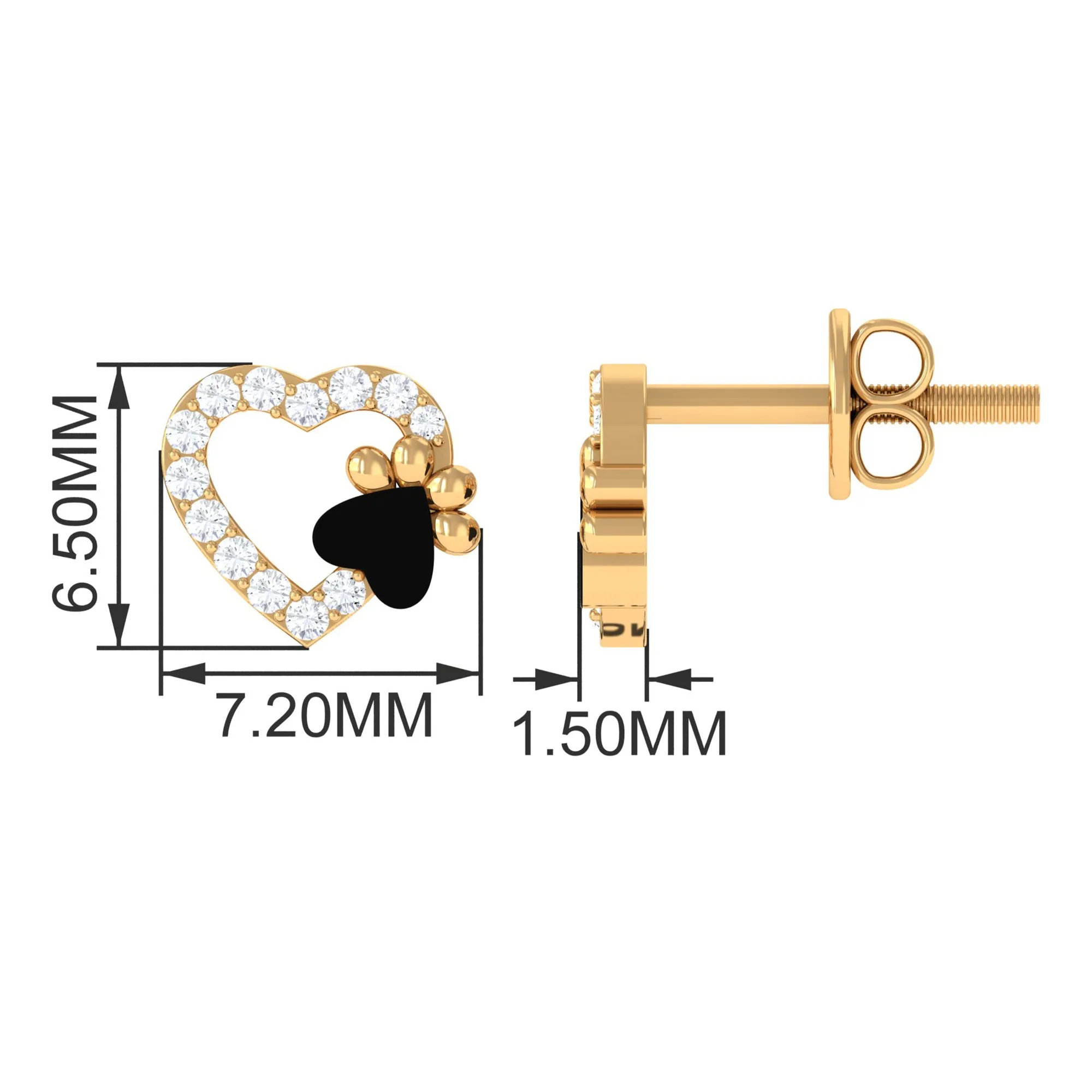 Moissanite Heart and Paw Stud Earrings with Enamel