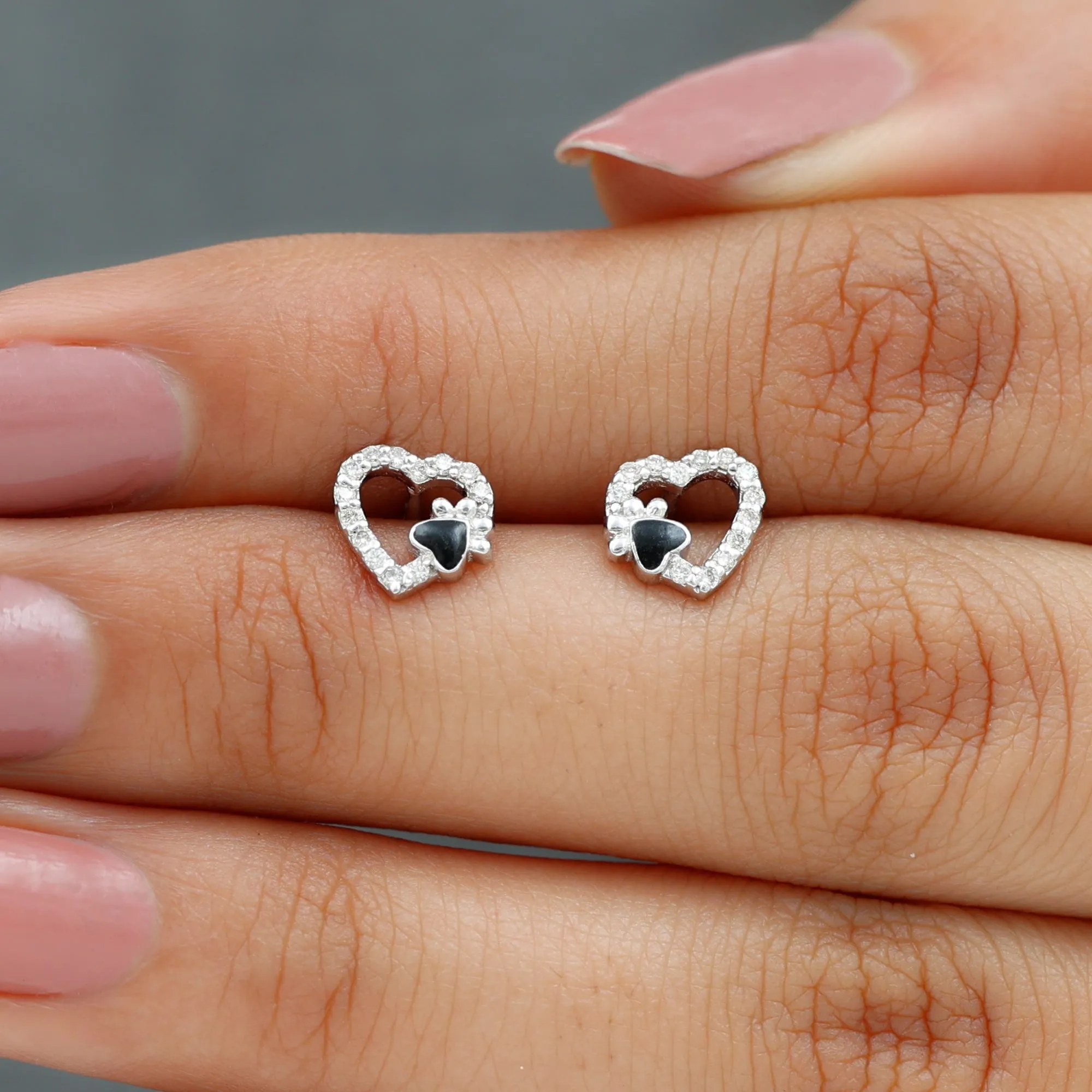 Moissanite Heart and Paw Stud Earrings with Enamel