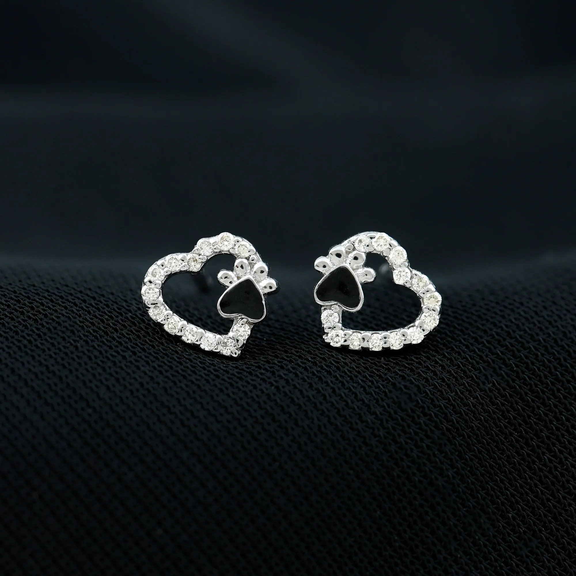 Moissanite Heart and Paw Stud Earrings with Enamel
