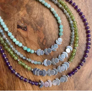 Moon phase rhodium silver charms, Amazonite stone, necklace, jewelry