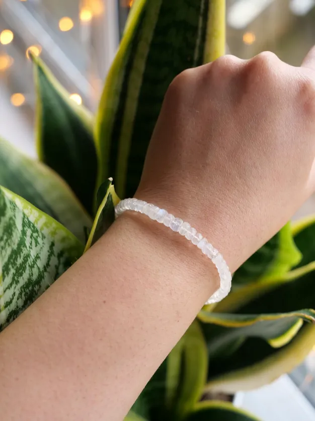 Moonstone 4 - 6 mm Beaded Natural Gemstone Sterling Silver / 14ct Gold Filled Elastic Bracelet, Genuine Top Grade Gift , June Birthstone