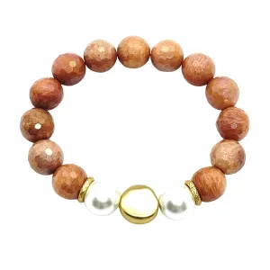 Moonstone And Glass Pearl Stretch Bracelet With Matte Gold Nugget
