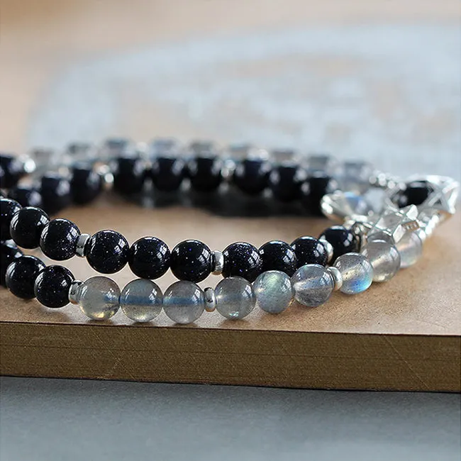Moonstone Blue sandstone Sterling Silver Beaded Bracelet Handmade Lovers Jewelry Women Men