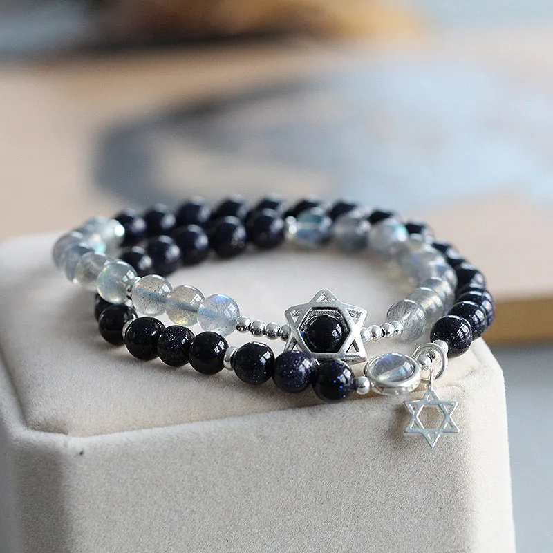 Moonstone Blue sandstone Sterling Silver Beaded Bracelet Handmade Lovers Jewelry Women Men