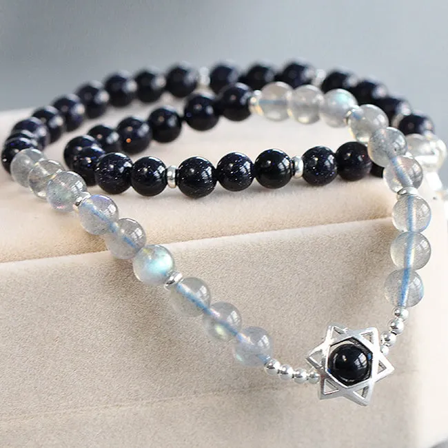 Moonstone Blue sandstone Sterling Silver Beaded Bracelet Handmade Lovers Jewelry Women Men