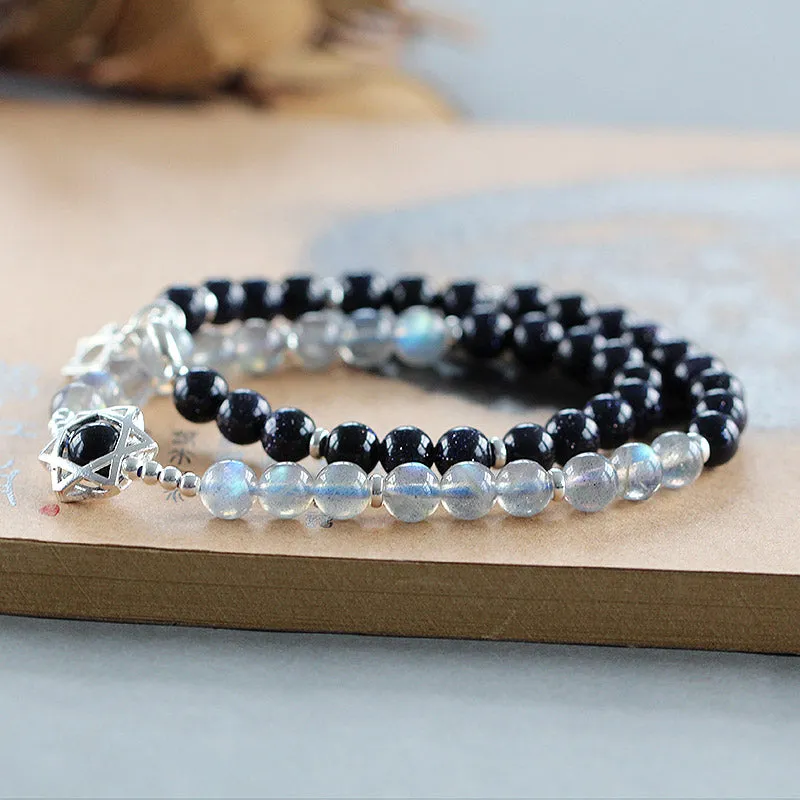 Moonstone Blue sandstone Sterling Silver Beaded Bracelet Handmade Lovers Jewelry Women Men