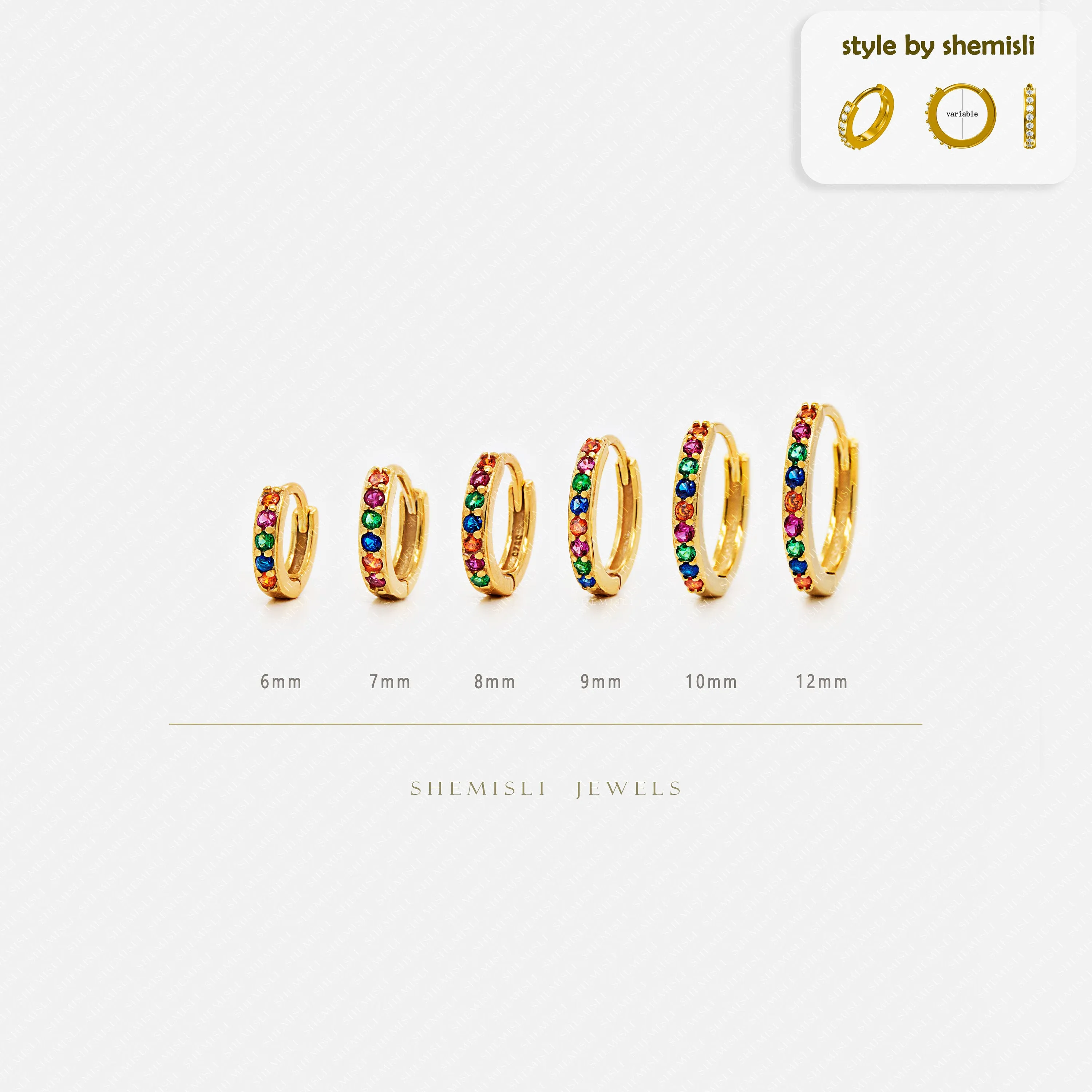Multicolored Stone Hoop Earrings, Rainbow Huggies, 6, 7, 8, 9, 10, 12mm Unisex, Gold, Silver SH132, SH133, SH134, SH135, SH136, SH138