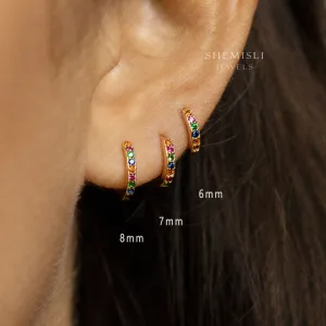 Multicolored Stone Hoop Earrings, Rainbow Huggies, 6, 7, 8, 9, 10, 12mm Unisex, Gold, Silver SH132, SH133, SH134, SH135, SH136, SH138