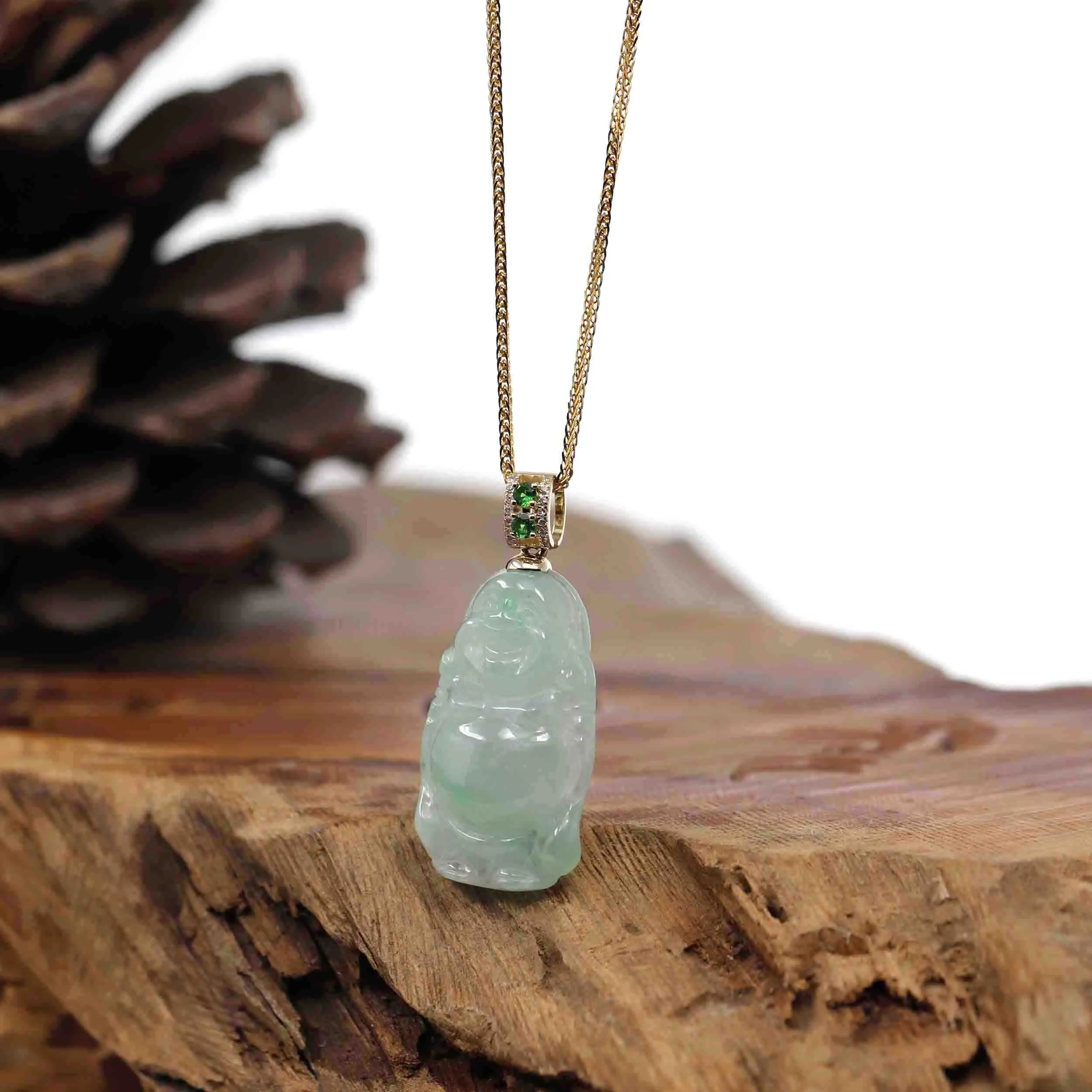 Natural Burmese Jadeite Jade Happy Buddha With 14k Yellow Gold AA Emerald Bail
