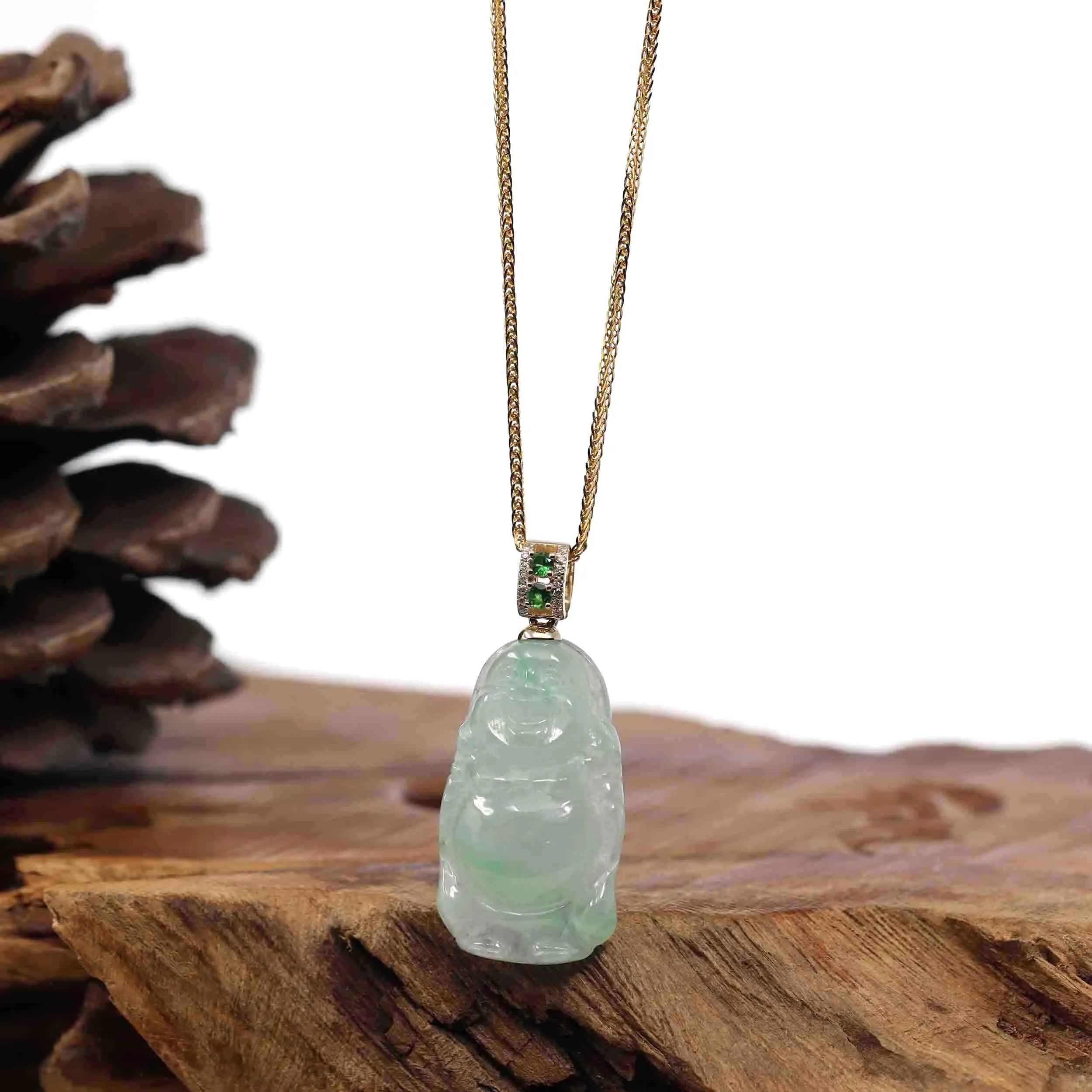 Natural Burmese Jadeite Jade Happy Buddha With 14k Yellow Gold AA Emerald Bail