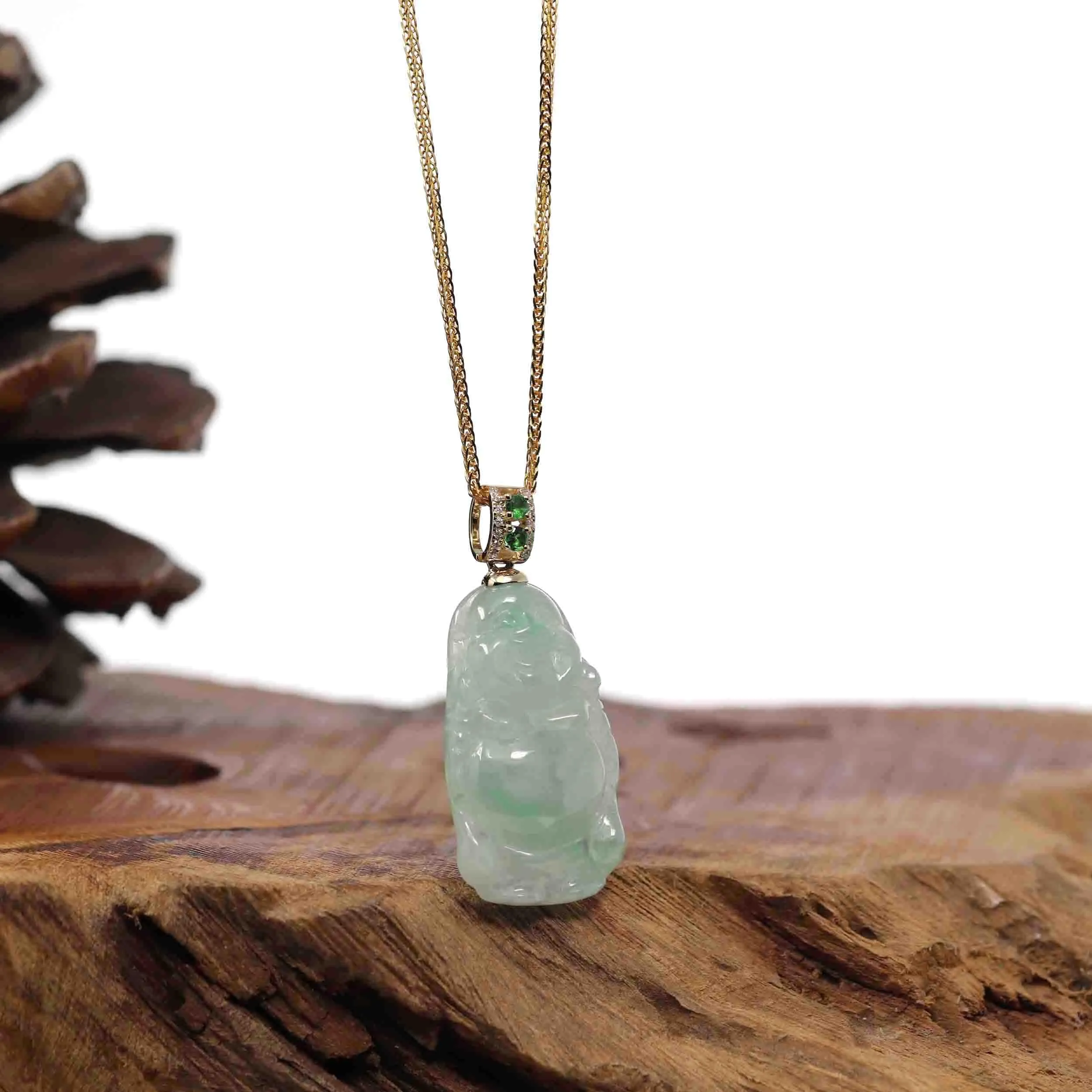 Natural Burmese Jadeite Jade Happy Buddha With 14k Yellow Gold AA Emerald Bail