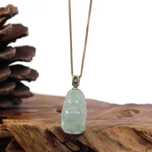 Natural Burmese Jadeite Jade Happy Buddha With 14k Yellow Gold AA Emerald Bail