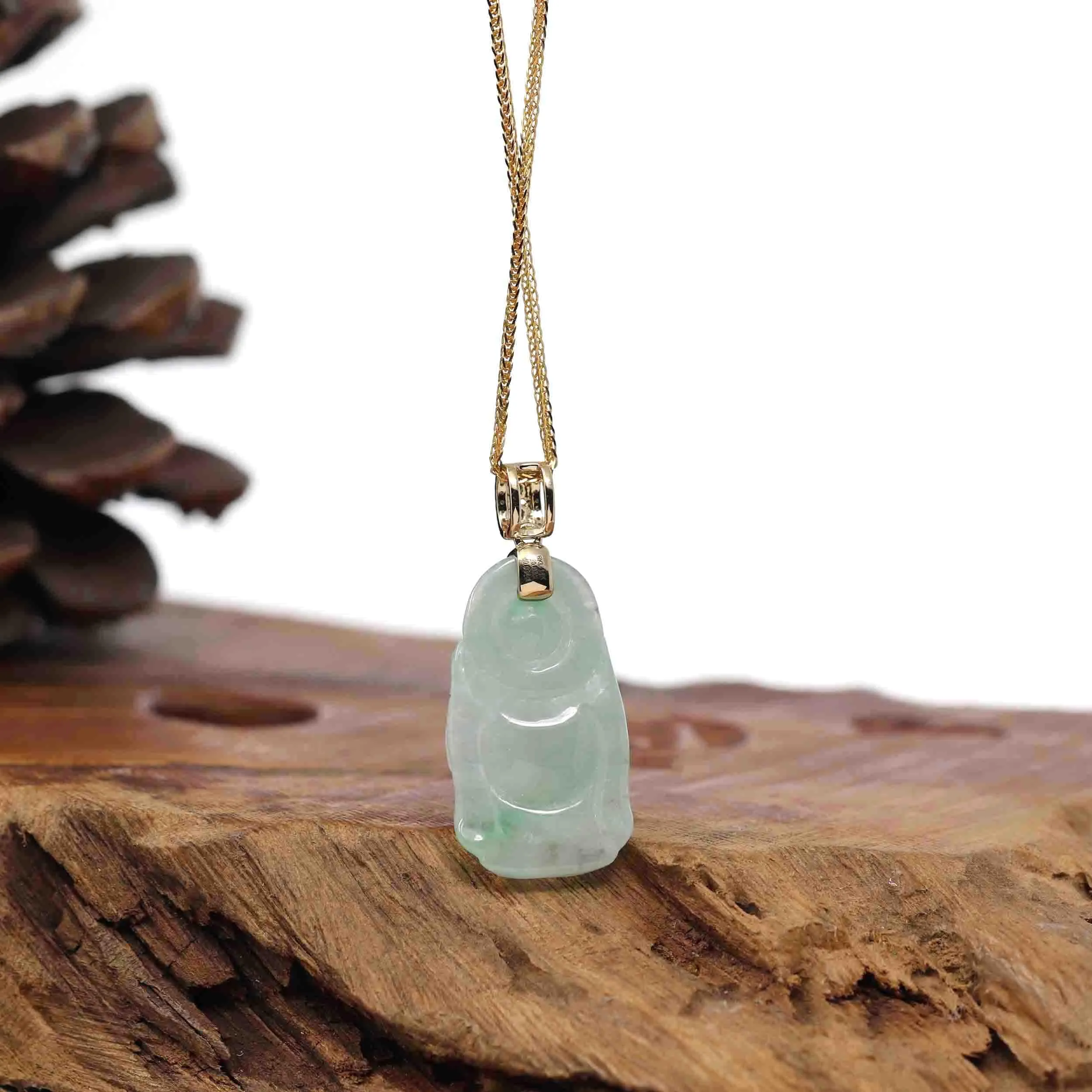Natural Burmese Jadeite Jade Happy Buddha With 14k Yellow Gold AA Emerald Bail